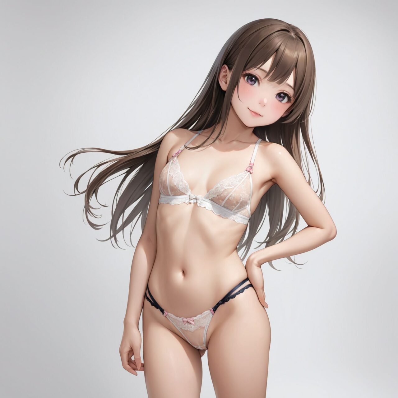 Please draw a photo-realistic illustration of the following women's lingerie,
She is standing alone in front of a white background,


 T-back thong,

The model is a very cute 17 year old Japanese middle school girl idol,
cowboy shot, 
ultra high definition photorealistic.
Her character, hairstyle and hair color change every time.