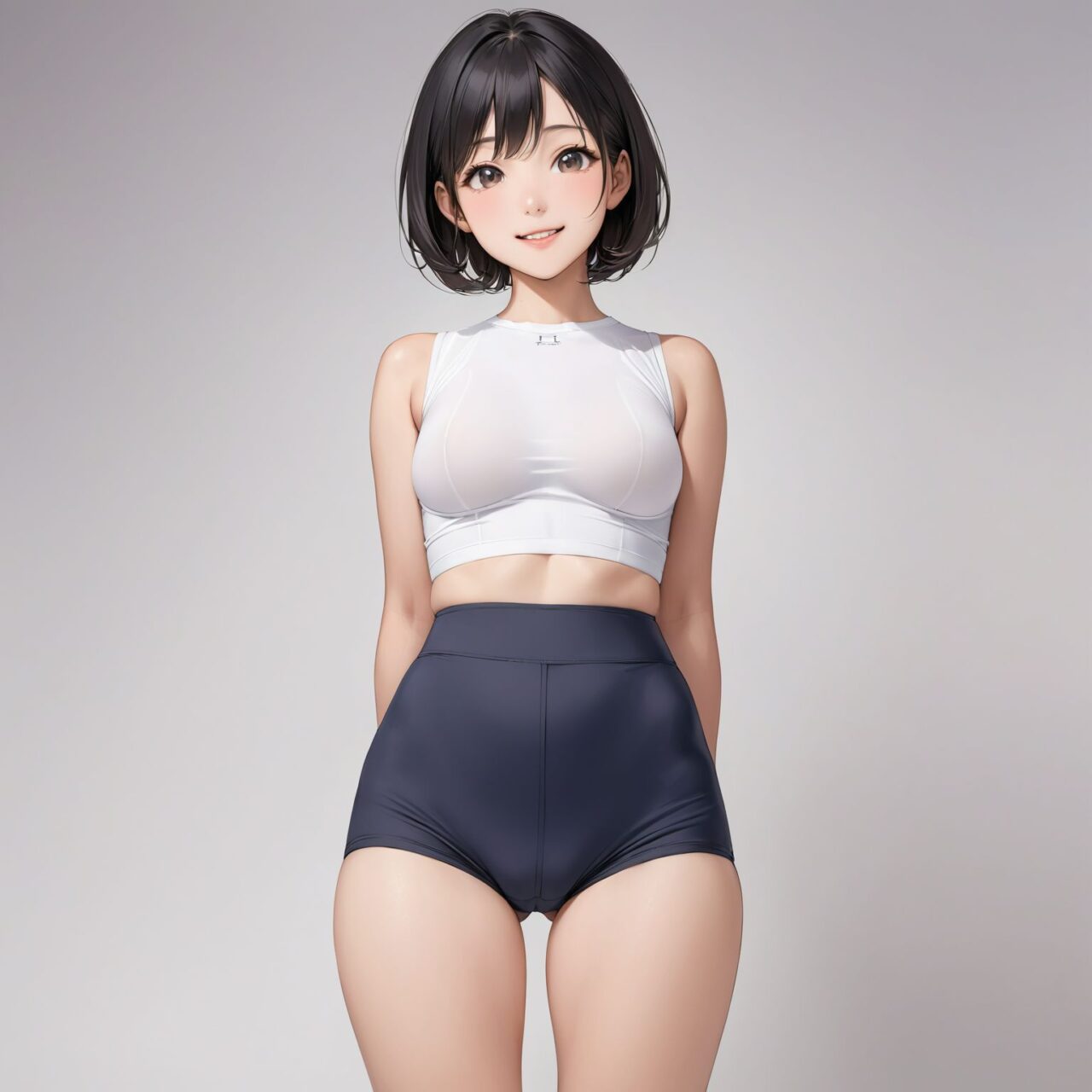 Sample illustration of a drawing of female panties with ultra-high-precision photorealistic images.
A 16 year old Japanese high school girl idol is standing in front of a white background,
She is very pretty, short cut black hair, facing front, idol-like expression, innocent and pure childish face, smiling gently, 
Details of the panties/shorts she is wearing are in (  High-waist Shorts).


A classic high-waist shorts designed to offer full coverage and support around the waist and tummy. The waistband sits high on the waist, smoothing out the silhouette and providing light compression. The fabric is firm yet comfortable, perfect for wearing under high-waisted skirts or dresses. The design gives a sleek, elegant look while enhancing the natural shape