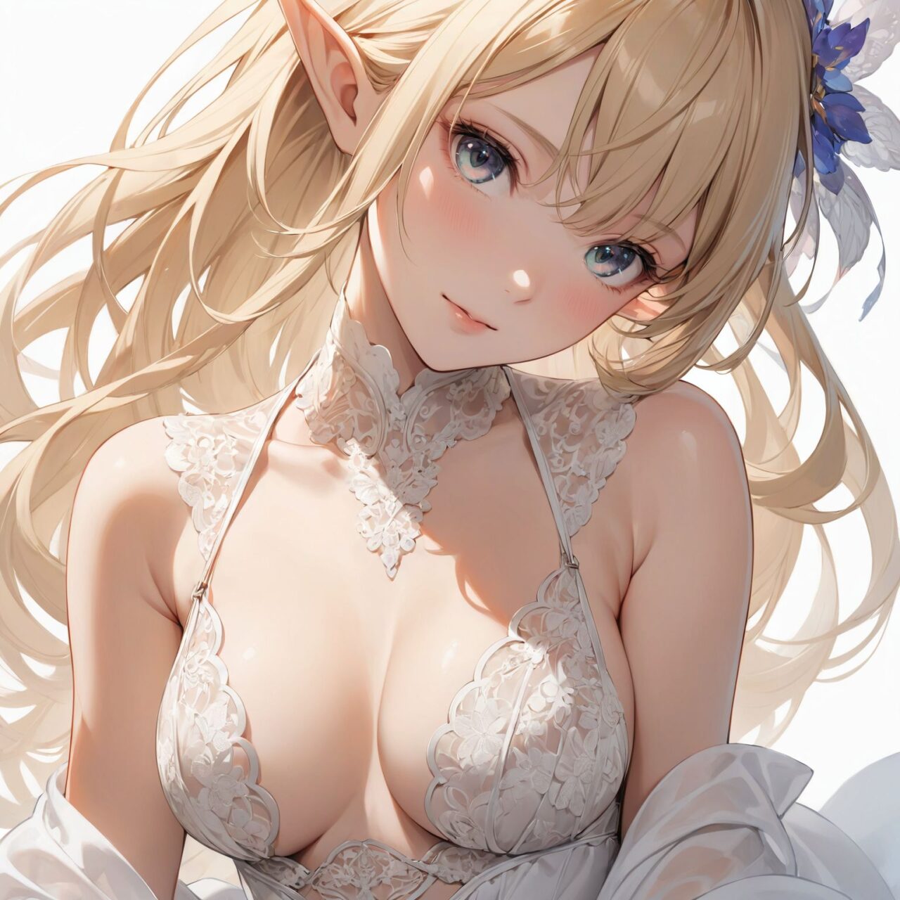 Please draw the following picture of women's lingerie.
The model is a 16-year-old blonde elf beauty.
She is standing alone in front of us in a cowboy shot against a plain white background.


"A provocative bust open teddy with a plunging neckline that leaves the chest fully exposed. Sheer lace and satin fabrics create a delicate, semi-transparent design that clings to the body?s curves. The waist is cinched for a flattering fit, while the open bust and bare back add an irresistible element of seduction."



The low angle emphasises her kawaii and highlights the fine textures of her hair and clothes, 
Natural light casts soft shadows and highlights the contours of her youthful face, 


Bringing her into sharp focus,

High resolution, detailed graphics, 
vivid colors, professional quality,


Ultra-high resolution, capturing every detail from individual strands of hair to the intricate fabrics of her costume,
Professional-grade clarity and contrast bring the vibrant colours to life,