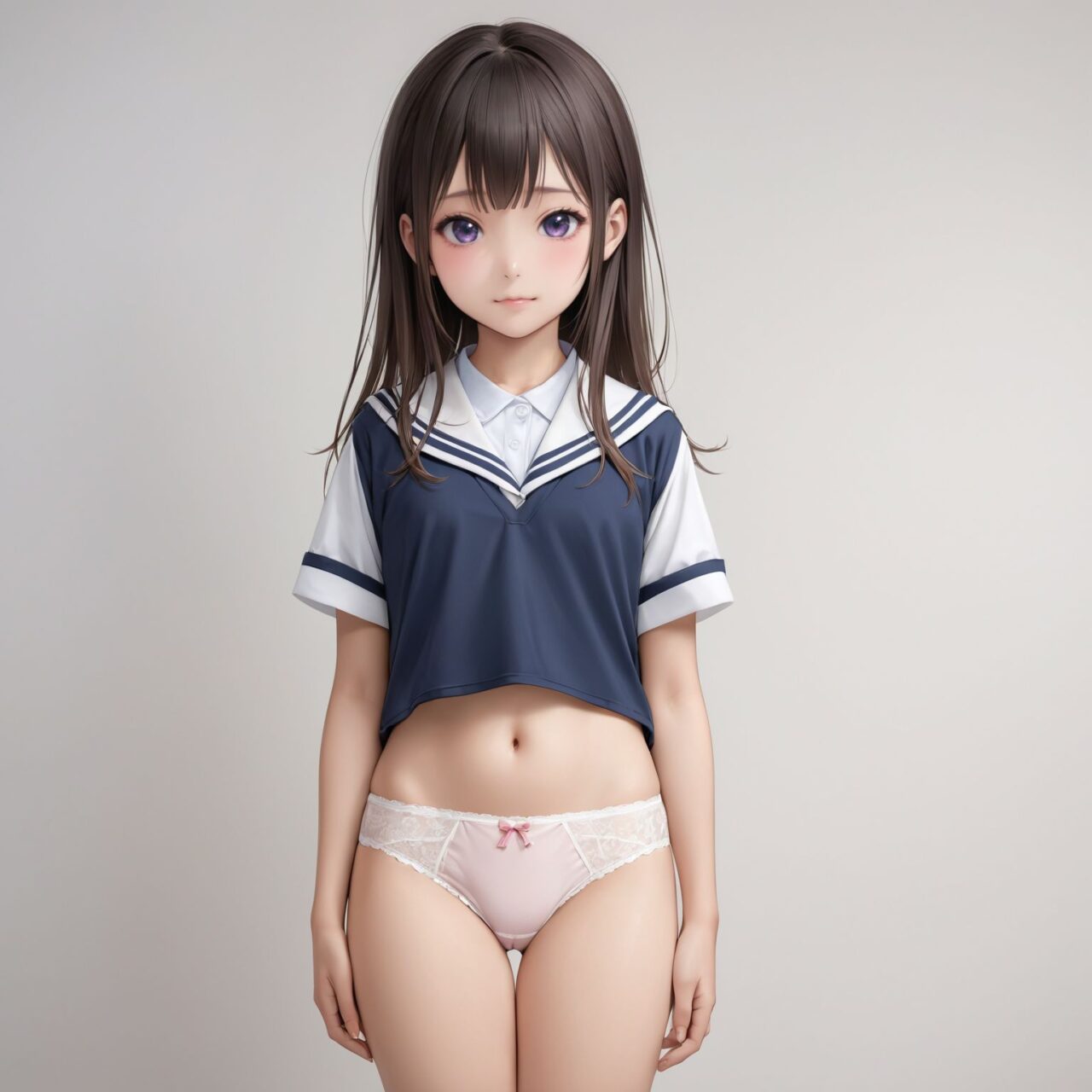 Please draw a photo-realistic illustration of the following women's lingerie,
She is standing alone in front of a white background,


Panties for junior high school children,
Made of breathable cotton,
Simple and practical,


The model is a very cute 14 year old Japanese middle school girl idol,
cowboy shot, 
ultra high definition photorealistic.
Her character, hairstyle and hair color change every time.