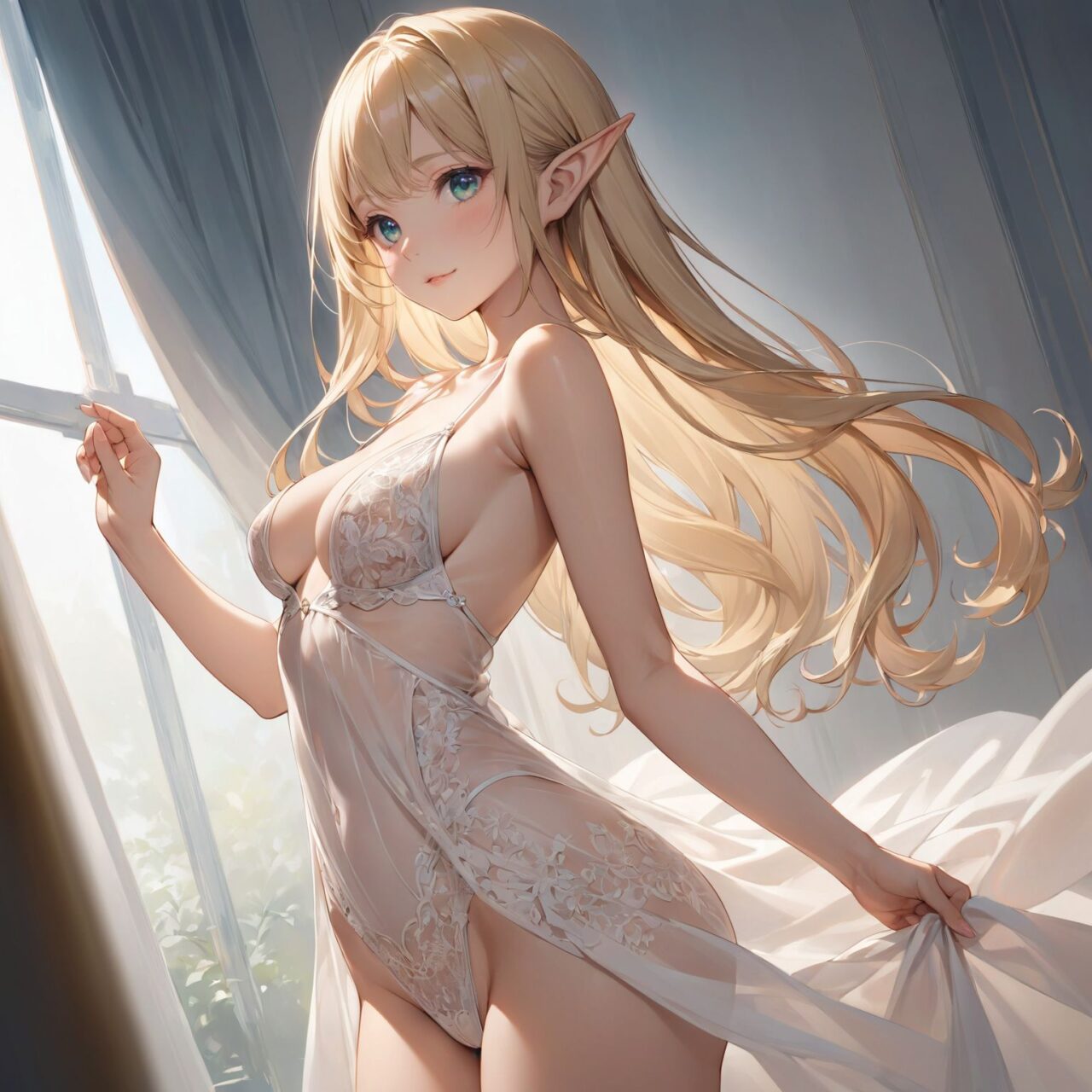 Please draw the following picture of women's lingerie.
The model is a 16-year-old blonde elf beauty.
She is shown from the waist up in a cowboy shot in front of us, standing alone facing forward.
The background is plain white.


"A provocative bust open teddy with a plunging neckline that leaves the chest fully exposed. Sheer lace and satin fabrics create a delicate, semi-transparent design that clings to the body?s curves. The waist is cinched for a flattering fit, while the open bust and bare back add an irresistible element of seduction."



The low angle emphasises her kawaii and highlights the fine textures of her hair and clothes, 
Natural light casts soft shadows and highlights the contours of her youthful face, 


Bringing her into sharp focus,

High resolution, detailed graphics, 
vivid colors, professional quality,


Ultra-high resolution, capturing every detail from individual strands of hair to the intricate fabrics of her costume,
Professional-grade clarity and contrast bring the vibrant colours to life,