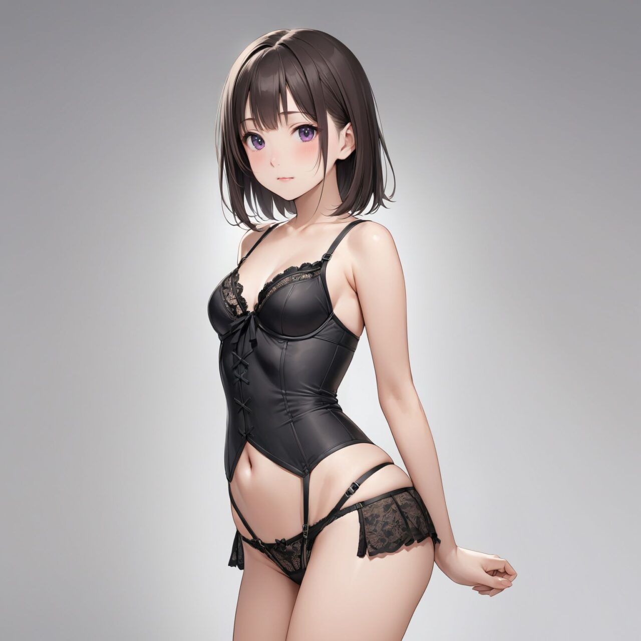 Please draw a photo-realistic illustration of the following women's lingerie,
She is standing alone in front of a white background,


A sleek waist cincher designed to provide targeted compression around the waist, 
Short length,



The model is a very sexy 19 year old Japanese school girl idol,
cowboy shot,