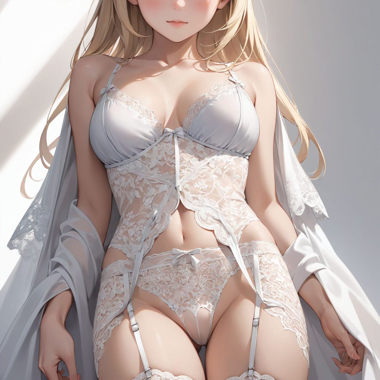 Please draw the following picture of women's lingerie.
The model is a 16-year-old blonde elf beauty.
She is standing alone in front of us in a cowboy shot against a plain white background.


"A classic garter belt paired with delicate lace stockings, creating a timeless and sensual look. The garter belt sits snugly at the waist, with adjustable straps that attach to sheer stockings. The lace fabric is semi-transparent, offering a glimpse of skin while maintaining an air of sophistication. Perfect for adding a touch of elegance and seduction to any lingerie set."



The low angle emphasises her kawaii and highlights the fine textures of her hair and clothes, 
Natural light casts soft shadows and highlights the contours of her youthful face, 


Bringing her into sharp focus,

High resolution, detailed graphics, 
vivid colors, professional quality,


Ultra-high resolution, capturing every detail from individual strands of hair to the intricate fabrics of her costume,
Professional-grade clarity and contrast bring the vibrant colours to life,