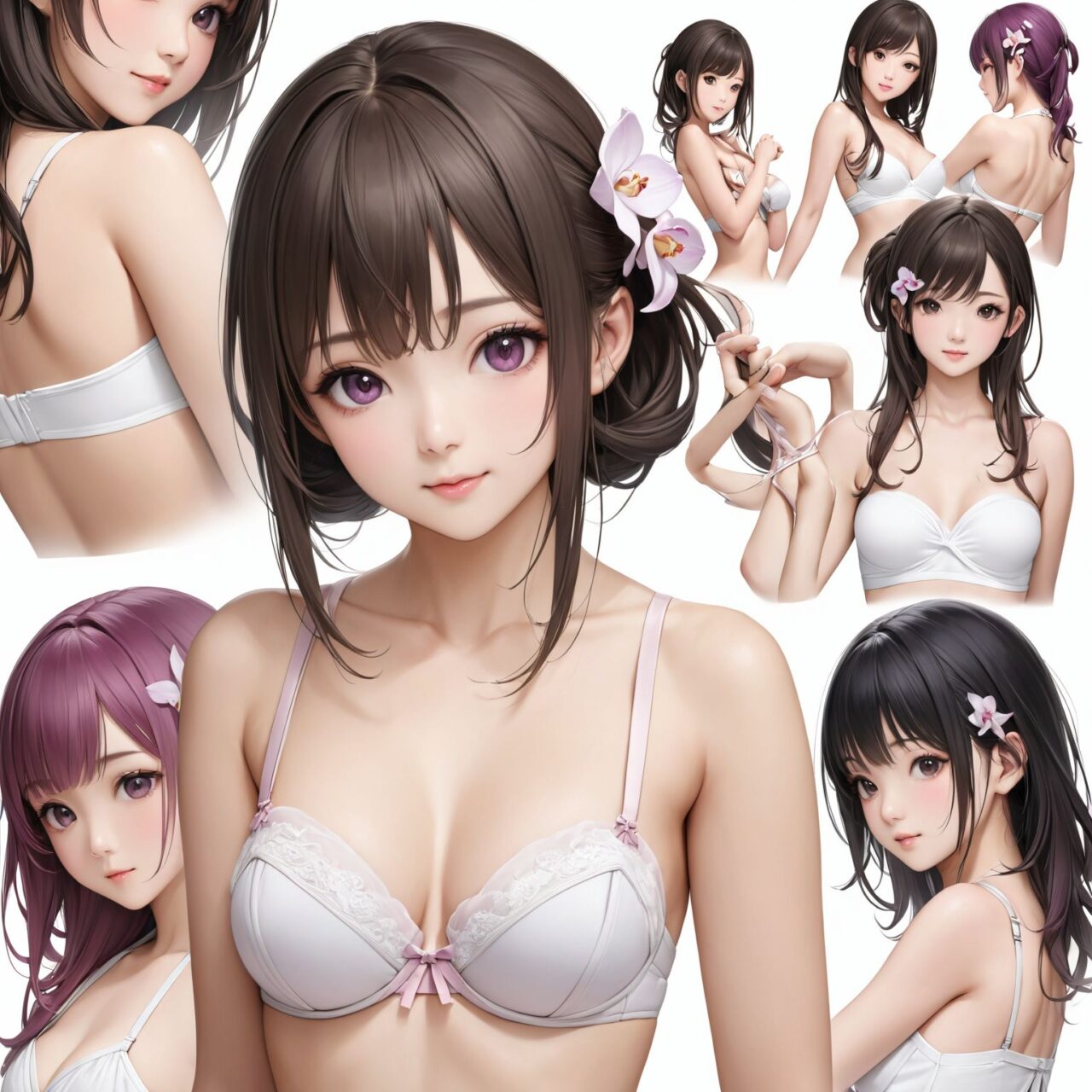 Draw a sample image of the type of orchid for women's items.


Convertible bras can be worn in a variety of styles, including strapless and cross-back, as the straps can be freely repositioned.


Modeled by a beautiful Japanese high school girl idol,  Photorealistic, 
White background,