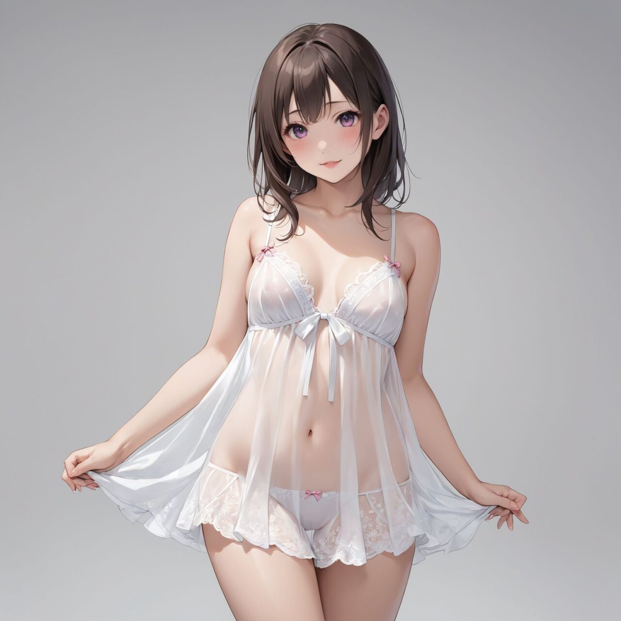 Please draw a photo-realistic illustration of the following women's lingerie,
She is standing alone in front of a white background,


"A playful and flirty babydoll with an A-line silhouette that flares out from the bust. The babydoll is made from lightweight chiffon and lace, featuring delicate frills and ribbon detailing. The short length adds a touch of sensuality, perfect for special occasions."



The model is a very sexy 19 year old Japanese school girl idol,
cowboy shot,