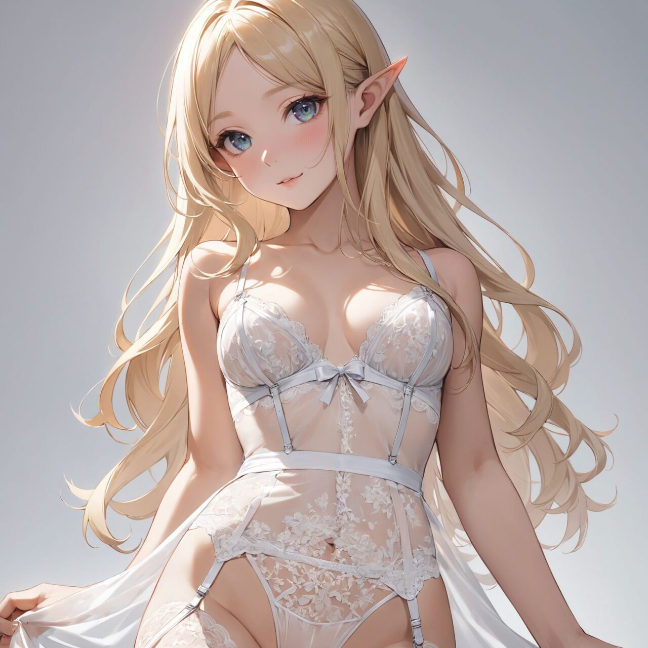 Please draw the following picture of women's lingerie.
The model is a 16-year-old blonde elf beauty.
She is standing alone in front of us in a cowboy shot against a plain white background.


"A classic garter belt paired with delicate lace stockings, creating a timeless and sensual look. The garter belt sits snugly at the waist, with adjustable straps that attach to sheer stockings. The lace fabric is semi-transparent, offering a glimpse of skin while maintaining an air of sophistication. Perfect for adding a touch of elegance and seduction to any lingerie set."



The low angle emphasises her kawaii and highlights the fine textures of her hair and clothes, 
Natural light casts soft shadows and highlights the contours of her youthful face, 


Bringing her into sharp focus,

High resolution, detailed graphics, 
vivid colors, professional quality,


Ultra-high resolution, capturing every detail from individual strands of hair to the intricate fabrics of her costume,
Professional-grade clarity and contrast bring the vibrant colours to life,