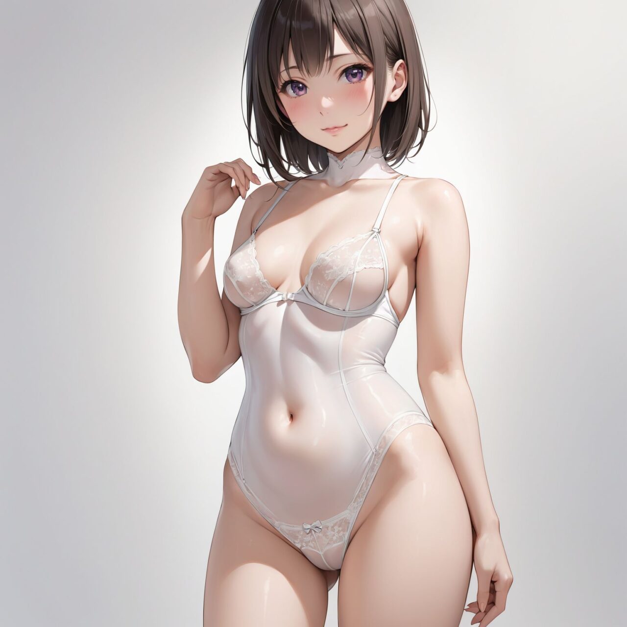 Please draw a photo-realistic illustration of the following women's lingerie,
She is standing alone in front of a white background,


A supportive control bodysuit designed to shape and smooth the (waist, tummy, and hips), 


The model is a very sexy 19 year old Japanese school girl idol,
cowboy shot,