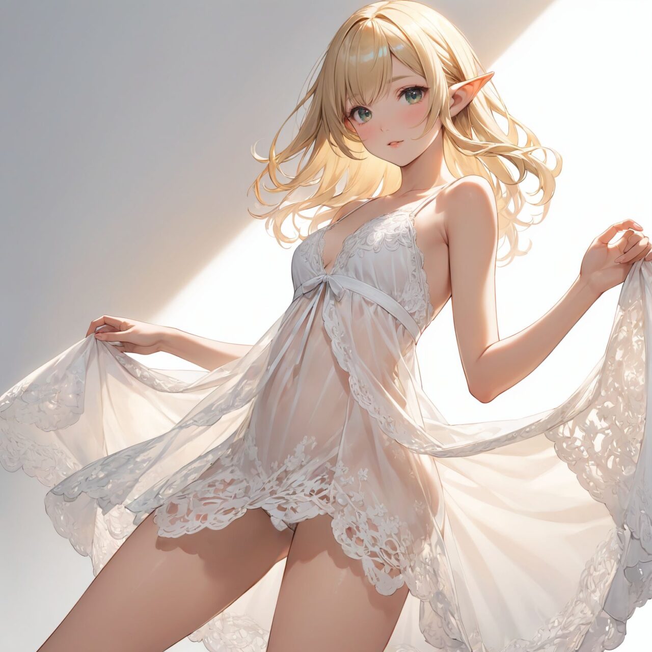 Please draw the following picture of women's lingerie.
The model is a 16-year-old blonde elf beauty.
She is standing alone in front of us in a cowboy shot against a plain white background.


"A romantic lace babydoll featuring an A-line silhouette that flares gently from the bust. The lace overlay at the bust is sheer, revealing just enough skin to create an alluring yet delicate look. The short length enhances the legs, while the flowing fabric adds a playful and feminine touch, perfect for a romantic evening."



The low angle emphasises her kawaii and highlights the fine textures of her hair and clothes, 
Natural light casts soft shadows and highlights the contours of her youthful face, 


Bringing her into sharp focus,

High resolution, detailed graphics, 
vivid colors, professional quality,


Ultra-high resolution, capturing every detail from individual strands of hair to the intricate fabrics of her costume,
Professional-grade clarity and contrast bring the vibrant colours to life,