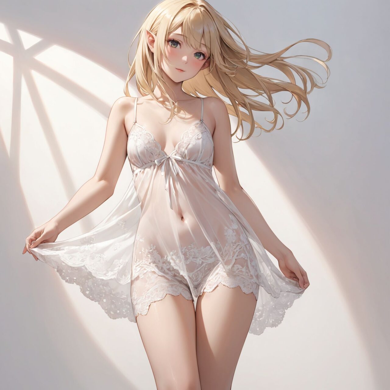 Please draw the following picture of women's lingerie.
The model is a 16-year-old blonde elf beauty.
She is standing alone in front of us in a cowboy shot against a plain white background.


"A romantic lace babydoll featuring an A-line silhouette that flares gently from the bust. The lace overlay at the bust is sheer, revealing just enough skin to create an alluring yet delicate look. The short length enhances the legs, while the flowing fabric adds a playful and feminine touch, perfect for a romantic evening."



The low angle emphasises her kawaii and highlights the fine textures of her hair and clothes, 
Natural light casts soft shadows and highlights the contours of her youthful face, 


Bringing her into sharp focus,

High resolution, detailed graphics, 
vivid colors, professional quality,


Ultra-high resolution, capturing every detail from individual strands of hair to the intricate fabrics of her costume,
Professional-grade clarity and contrast bring the vibrant colours to life,