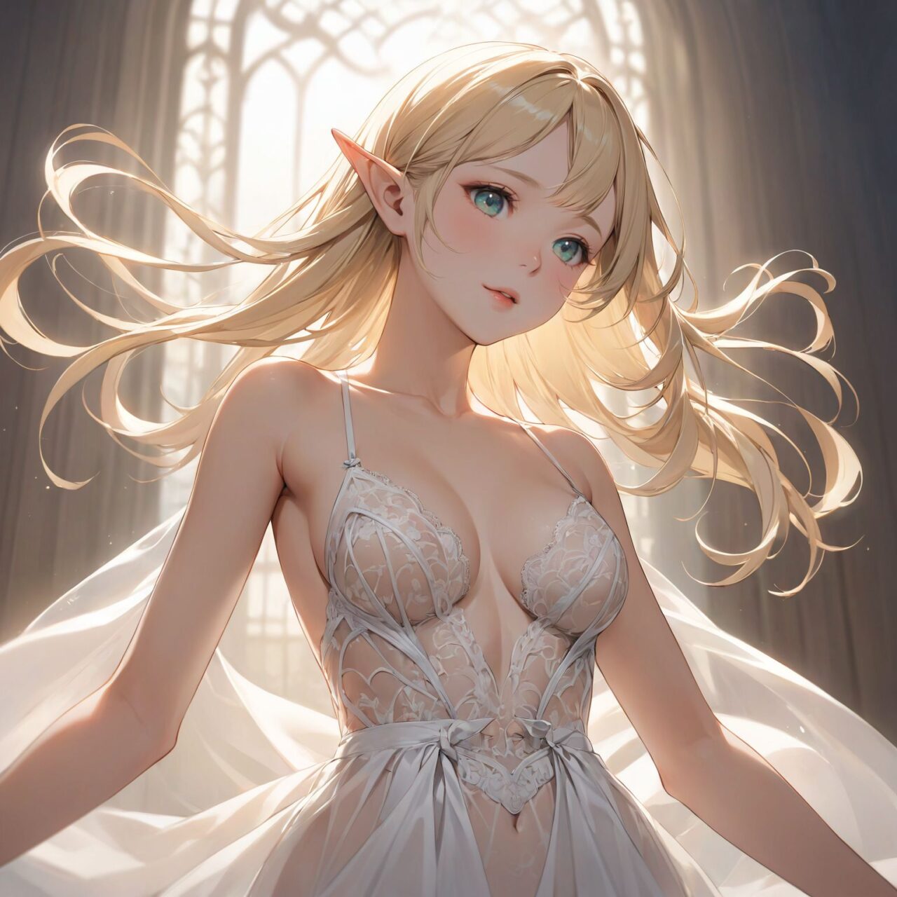 Please draw the following picture of women's lingerie.
The model is a 16-year-old blonde elf beauty.
She is shown from the waist up in a cowboy shot in front of us, standing alone facing forward.
The background is plain white.


"A provocative bust open teddy with a plunging neckline that leaves the chest fully exposed. Sheer lace and satin fabrics create a delicate, semi-transparent design that clings to the body?s curves. The waist is cinched for a flattering fit, while the open bust and bare back add an irresistible element of seduction."



The low angle emphasises her kawaii and highlights the fine textures of her hair and clothes, 
Natural light casts soft shadows and highlights the contours of her youthful face, 


Bringing her into sharp focus,

High resolution, detailed graphics, 
vivid colors, professional quality,


Ultra-high resolution, capturing every detail from individual strands of hair to the intricate fabrics of her costume,
Professional-grade clarity and contrast bring the vibrant colours to life,