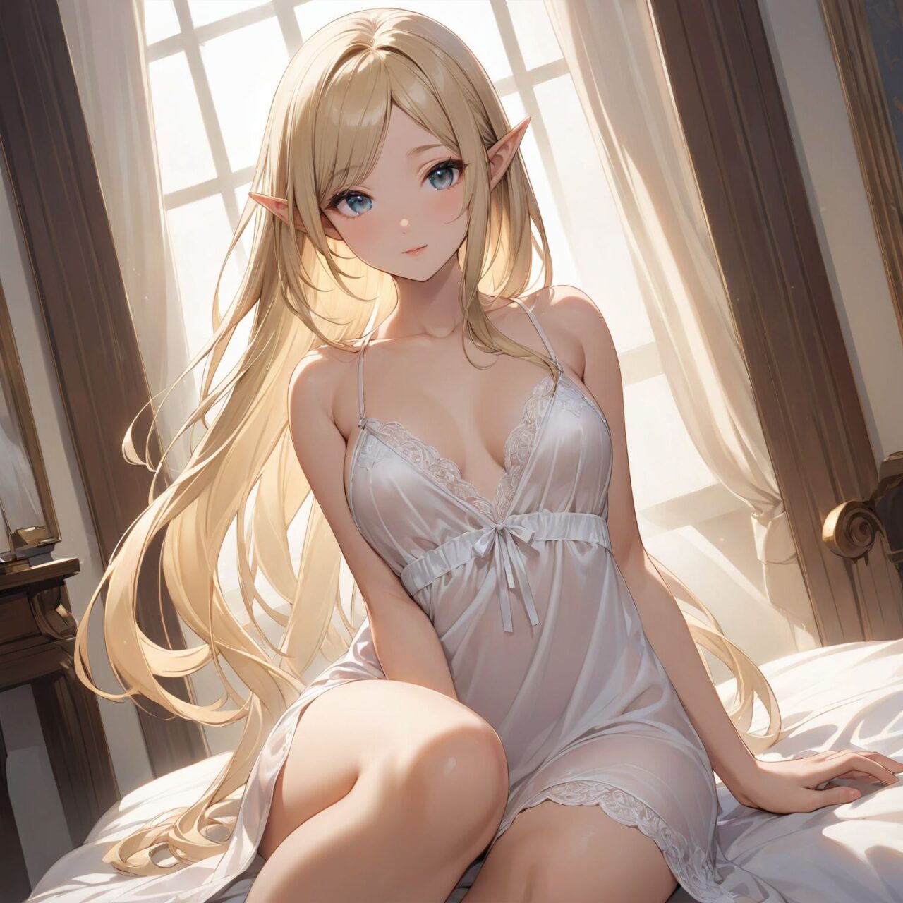 Please draw a sample photo of lingerie for a young girl, following the instructions below.
The model is a 16-year-old blonde elf beauty.
She is shown in a cowboy shot, standing alone facing forward, with her knees up.
The background is plain white.


"A luxurious chemise made from silky satin, draping softly over the body?s curves. The design is simple yet elegant, offering a smooth and sensual silhouette. The lightweight fabric moves with grace, making this chemise perfect for a romantic evening or a relaxing night in, blending comfort with seduction."



The low angle emphasises her kawaii and highlights the fine textures of her hair and clothes, 
Natural light casts soft shadows and highlights the contours of her youthful face, 


Bringing her into sharp focus,

High resolution, detailed graphics, 
vivid colors, professional quality,


Ultra-high resolution, capturing every detail from individual strands of hair to the intricate fabrics of her costume,
Professional-grade clarity and contrast bring the vibrant colours to life,