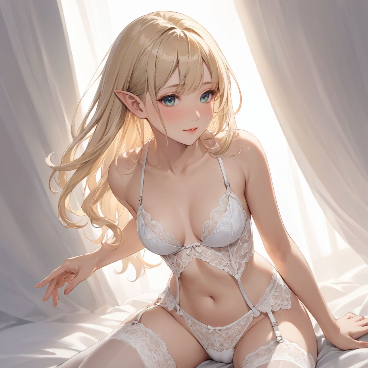 Please draw a photo-realistic illustration of the following girl's lingerie,
The model is a 16-year-old blonde elf beauty.
She is standing alone in front of us against a white background.


"A classic garter belt paired with delicate lace stockings, creating a timeless and sensual look. The garter belt sits snugly at the waist, with adjustable straps that attach to sheer stockings. The lace fabric is semi-transparent, offering a glimpse of skin while maintaining an air of sophistication. Perfect for adding a touch of elegance and seduction to any lingerie set."



The low angle emphasises her kawaii and highlights the fine textures of her hair and clothes, 
Natural light casts soft shadows and highlights the contours of her youthful face, 


Bringing her into sharp focus,

High resolution, detailed graphics, 
vivid colors, professional quality,


Ultra-high resolution, capturing every detail from individual strands of hair to the intricate fabrics of her costume,
Professional-grade clarity and contrast bring the vibrant colours to life,