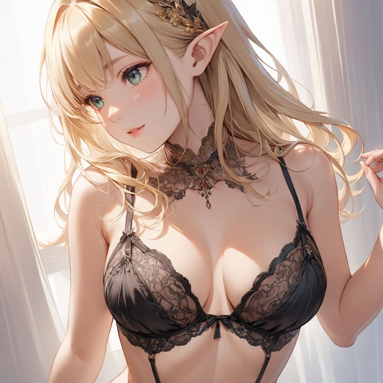 Please draw a photo-realistic illustration of the following girl's lingerie,
The model is a 16-year-old blonde elf beauty.
She is standing alone in front of us against a white background.


"A daring open bra with exposed cups, designed to reveal and highlight the bust in an irresistibly seductive way. Delicate lace straps and satin accents cradle the breasts, providing support while allowing for maximum exposure. Decorative ribbons and elegant lace detailing add a touch of sophistication to this sultry lingerie piece."


The low angle emphasises her kawaii and highlights the fine textures of her hair and clothes, 
Natural light casts soft shadows and highlights the contours of her youthful face, 


Bringing her into sharp focus,

High resolution, detailed graphics, 
vivid colors, professional quality,


Ultra-high resolution, capturing every detail from individual strands of hair to the intricate fabrics of her costume,
Professional-grade clarity and contrast bring the vibrant colours to life,