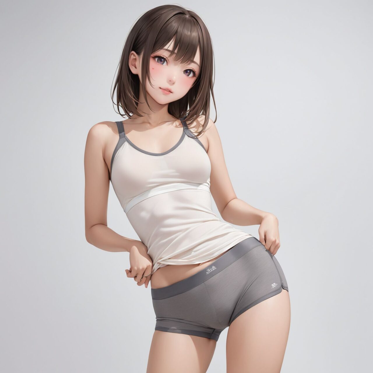 Please draw a photo-realistic illustration of the following women's lingerie,
She is standing alone in front of a white background,

Boy Shorts
"Comfortable and casual boy shorts with a full-coverage design that extends from the waist to the upper thighs. The shorts fit snugly around the hips, offering a sporty and relaxed style. The fabric is soft, breathable, and stretchy, making them perfect for everyday wear. The design mimics men's boxer briefs, providing extra coverage and a flattering fit without sacrificing comfort."

The model is a very cute 16 year old Japanese high school girl idol,
cowboy shot, 
ultra high definition photorealistic.
Her character, hairstyle and hair color change every time.