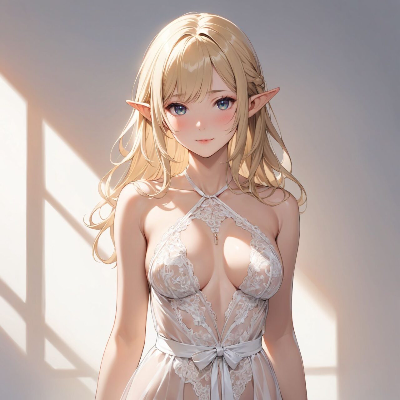 Please draw the following picture of women's lingerie.
The model is a 16-year-old blonde elf beauty.
She is shown from the waist up in a cowboy shot in front of us, standing alone facing forward.
The background is plain white.


"A provocative bust open teddy with a plunging neckline that leaves the chest fully exposed. Sheer lace and satin fabrics create a delicate, semi-transparent design that clings to the body?s curves. The waist is cinched for a flattering fit, while the open bust and bare back add an irresistible element of seduction."



The low angle emphasises her kawaii and highlights the fine textures of her hair and clothes, 
Natural light casts soft shadows and highlights the contours of her youthful face, 


Bringing her into sharp focus,

High resolution, detailed graphics, 
vivid colors, professional quality,


Ultra-high resolution, capturing every detail from individual strands of hair to the intricate fabrics of her costume,
Professional-grade clarity and contrast bring the vibrant colours to life,