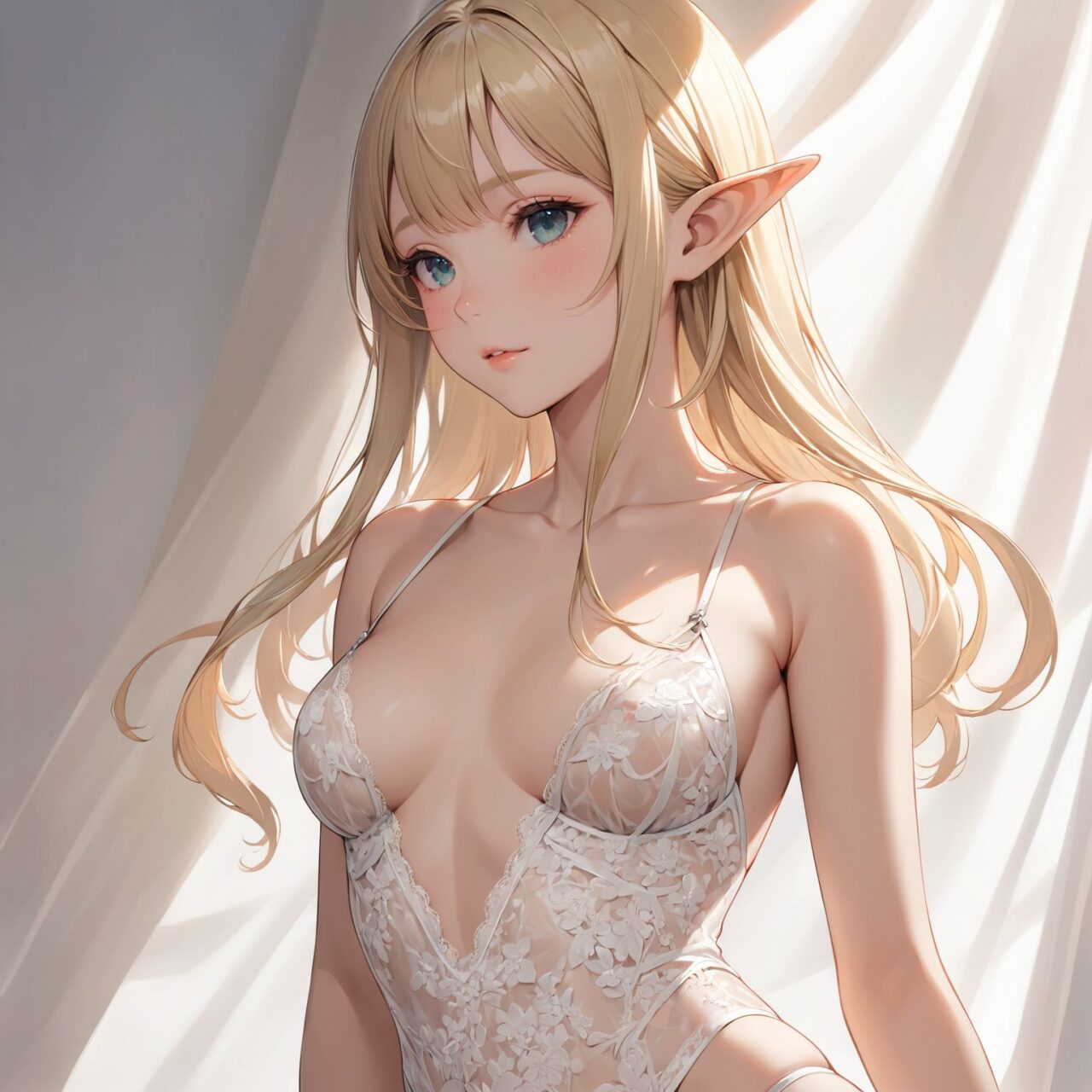 Please draw a photo-realistic illustration of the following girl's lingerie,
The model is a 16-year-old blonde elf beauty.
She is standing alone in front of us against a white background.


"A sensual teddy made from delicate lace and satin, hugging the body?s curves with a one-piece design. The plunging neckline highlights the bust, while the sheer lace fabric at the waist and back reveals just enough skin for a seductive look. The teddy features a soft, flowing silhouette that moves gracefully with every step, enhancing the wearer?s allure."



The low angle emphasises her kawaii and highlights the fine textures of her hair and clothes, 
Natural light casts soft shadows and highlights the contours of her youthful face, 


Bringing her into sharp focus,

High resolution, detailed graphics, 
vivid colors, professional quality,


Ultra-high resolution, capturing every detail from individual strands of hair to the intricate fabrics of her costume,
Professional-grade clarity and contrast bring the vibrant colours to life,