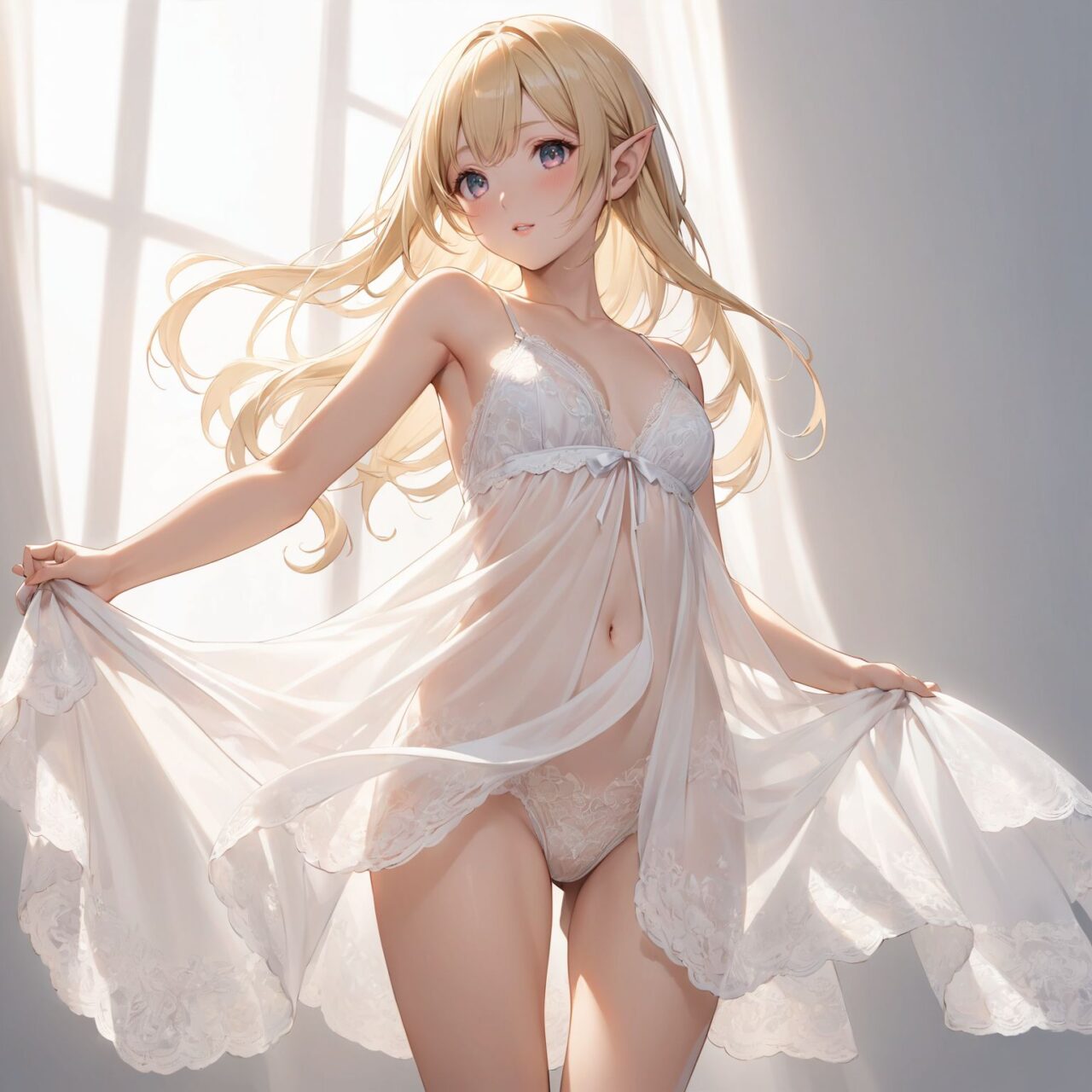 Please draw the following picture of women's lingerie.
The model is a 16-year-old blonde elf beauty.
She is standing alone in front of us in a cowboy shot against a plain white background.


"A romantic lace babydoll featuring an A-line silhouette that flares gently from the bust. The lace overlay at the bust is sheer, revealing just enough skin to create an alluring yet delicate look. The short length enhances the legs, while the flowing fabric adds a playful and feminine touch, perfect for a romantic evening."



The low angle emphasises her kawaii and highlights the fine textures of her hair and clothes, 
Natural light casts soft shadows and highlights the contours of her youthful face, 


Bringing her into sharp focus,

High resolution, detailed graphics, 
vivid colors, professional quality,


Ultra-high resolution, capturing every detail from individual strands of hair to the intricate fabrics of her costume,
Professional-grade clarity and contrast bring the vibrant colours to life,