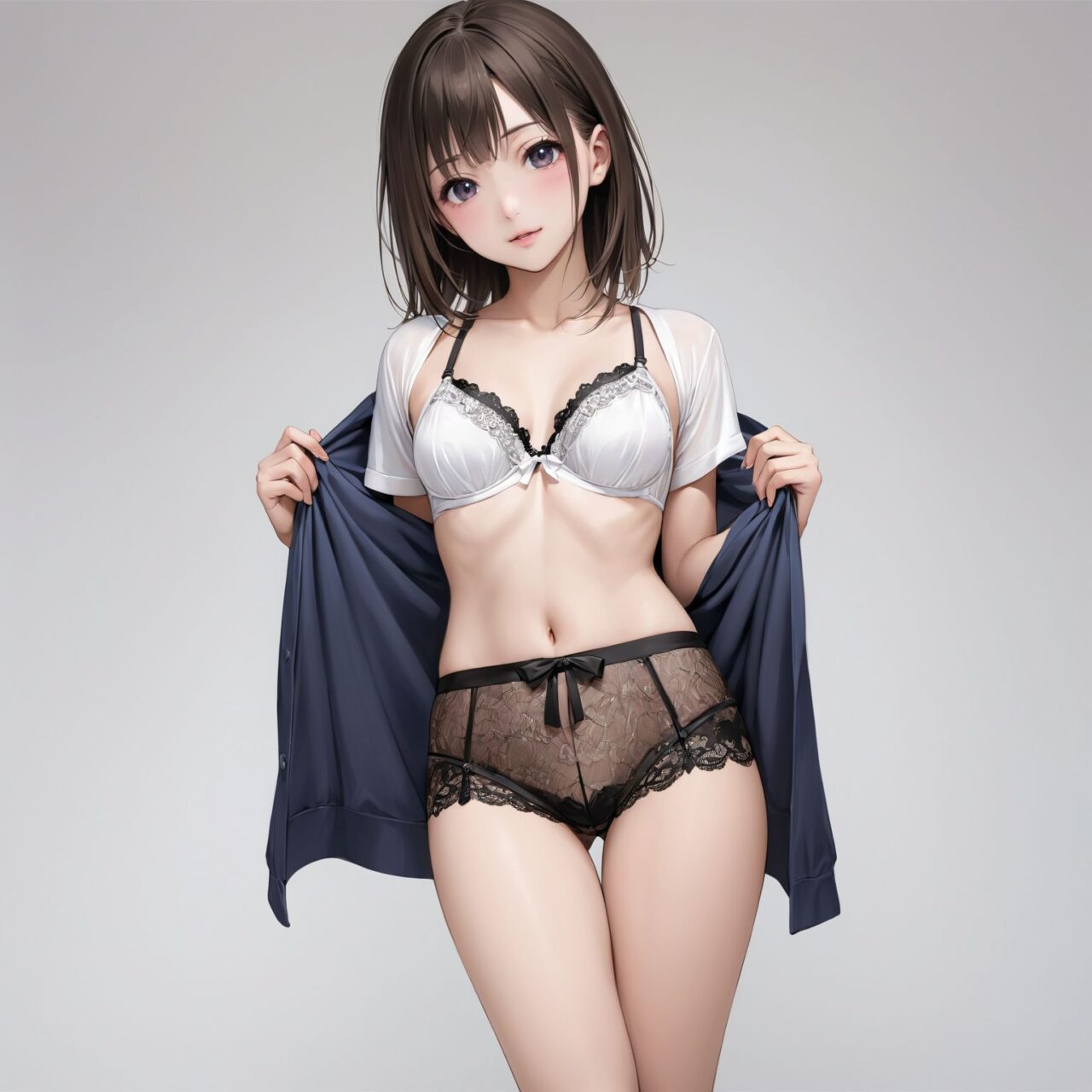 Please draw a photo-realistic illustration of the following women's lingerie,
She is standing alone in front of a white background,


Lace Shorts,




The model is a very sexy 19 year old Japanese school girl idol,
cowboy shot,