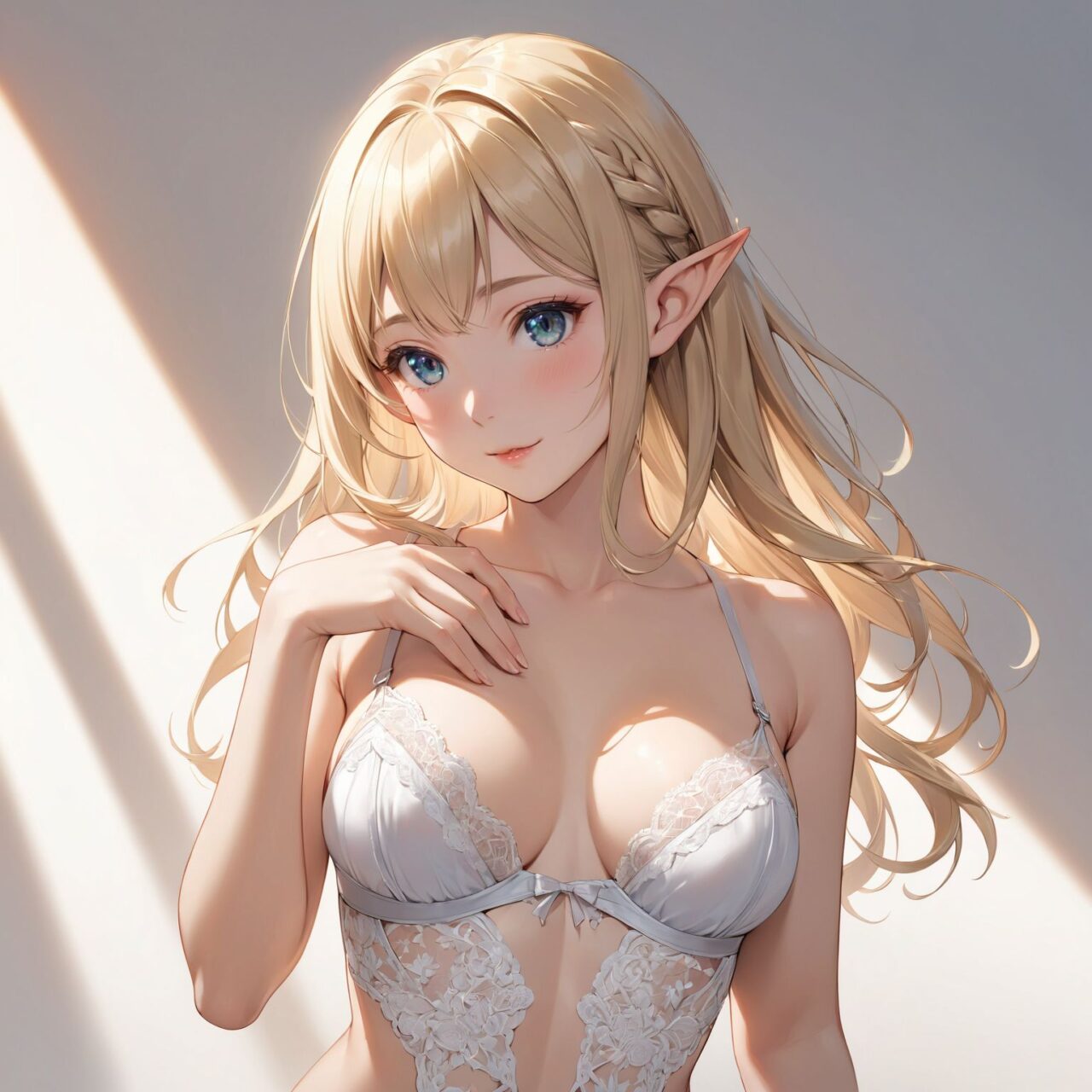 Please draw a photo-realistic illustration of the following girl's lingerie,
The model is a 16-year-old blonde elf beauty.
She is standing alone in front of us against a white background.


"A daring open bra with exposed cups, designed to reveal and highlight the bust in an irresistibly seductive way. Delicate lace straps and satin accents cradle the breasts, providing support while allowing for maximum exposure. Decorative ribbons and elegant lace detailing add a touch of sophistication to this sultry lingerie piece."


The low angle emphasises her kawaii and highlights the fine textures of her hair and clothes, 
Natural light casts soft shadows and highlights the contours of her youthful face, 


Bringing her into sharp focus,

High resolution, detailed graphics, 
vivid colors, professional quality,


Ultra-high resolution, capturing every detail from individual strands of hair to the intricate fabrics of her costume,
Professional-grade clarity and contrast bring the vibrant colours to life,