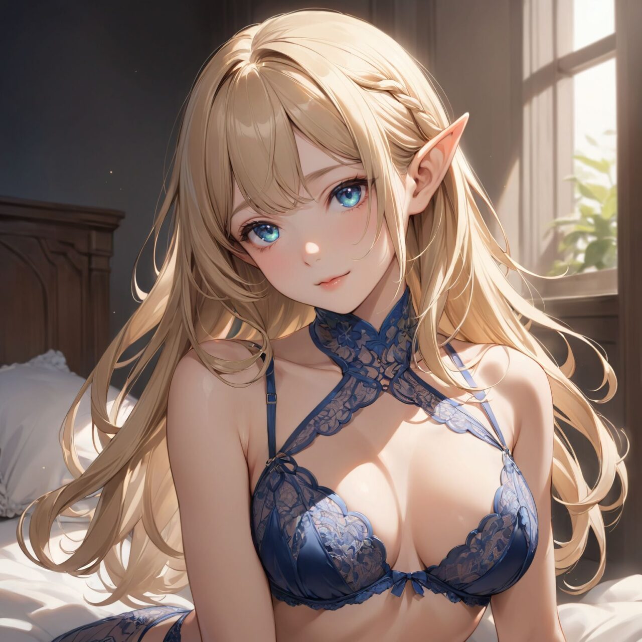 Please draw a photo-realistic illustration of the following girl's lingerie,
The model is a 16-year-old blonde elf beauty.
She is standing alone in front of us against a white background.


"A daring open bra with exposed cups, designed to reveal and highlight the bust in an irresistibly seductive way. Delicate lace straps and satin accents cradle the breasts, providing support while allowing for maximum exposure. Decorative ribbons and elegant lace detailing add a touch of sophistication to this sultry lingerie piece."


The low angle emphasises her kawaii and highlights the fine textures of her hair and clothes, 
Natural light casts soft shadows and highlights the contours of her youthful face, 


Bringing her into sharp focus,

High resolution, detailed graphics, 
vivid colors, professional quality,


Ultra-high resolution, capturing every detail from individual strands of hair to the intricate fabrics of her costume,
Professional-grade clarity and contrast bring the vibrant colours to life,