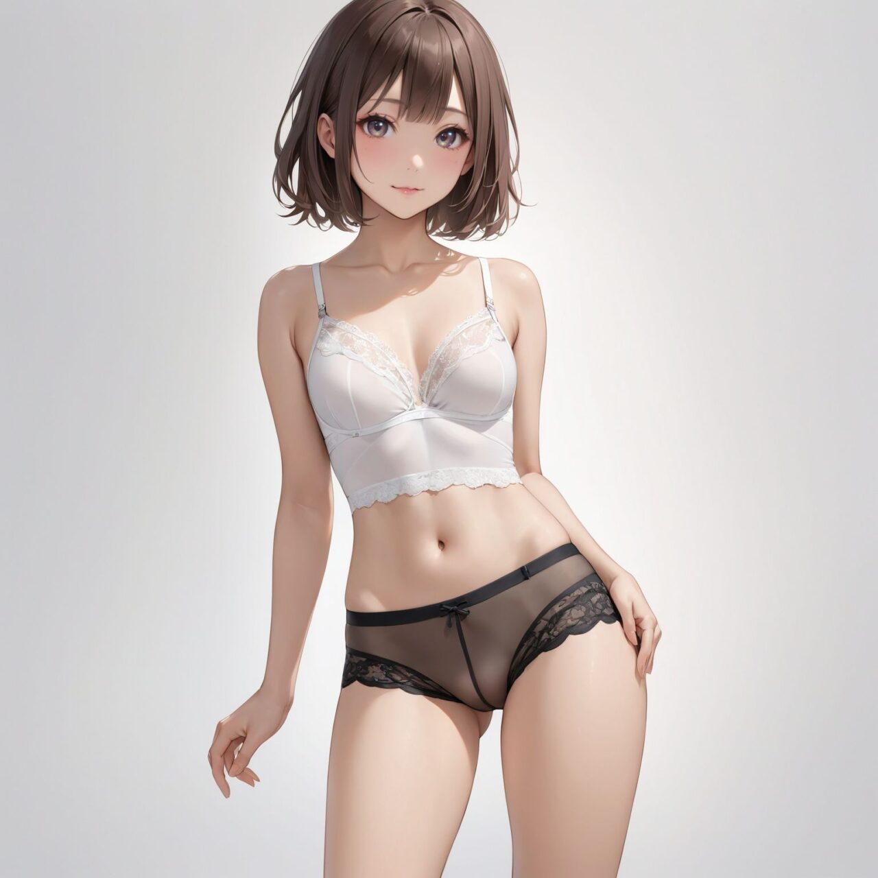 Please draw a photo-realistic illustration of the following women's lingerie,
She is standing alone in front of a white background,

shorts with a low-rise waistband and high-cut leg openings. The design accentuates the hips while providing just enough coverage. The fabric is soft and stretchy, offering a comfortable fit that moves with the body. Ideal for everyday wear, these shorts combine a modern look with comfort."


The model is a very cute 16 year old Japanese high school girl idol,
cowboy shot, 
ultra high definition photorealistic.
Her character, hairstyle and hair color change every time.