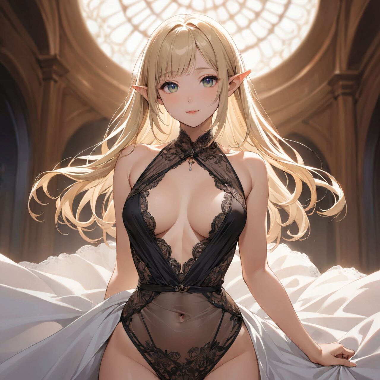 Please draw an erotic picture of the following girl's lingerie.
The model is a 16-year-old blonde elf beauty.
She is shown from the knee up in a cowboy shot in front of us, standing alone facing forward.
The background is plain white.


"A provocative bust open teddy with a plunging neckline that leaves the chest fully exposed. Sheer lace and satin fabrics create a delicate, semi-transparent design that clings to the body?s curves. The waist is cinched for a flattering fit, while the open bust and bare back add an irresistible element of seduction."



The low angle emphasises her kawaii and highlights the fine textures of her hair and clothes, 
Natural light casts soft shadows and highlights the contours of her youthful face, 


Bringing her into sharp focus,

High resolution, detailed graphics, 
vivid colors, professional quality,


Ultra-high resolution, capturing every detail from individual strands of hair to the intricate fabrics of her costume,
Professional-grade clarity and contrast bring the vibrant colours to life,