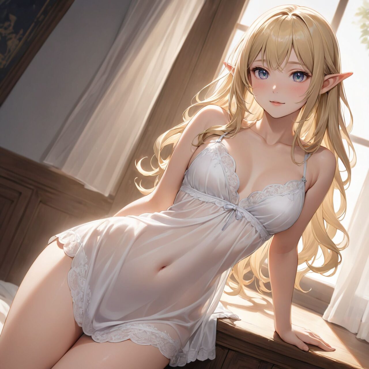 Please draw a sample photo of lingerie for a young girl, following the instructions below.
The model is a 16-year-old blonde elf beauty.
She is shown in a cowboy shot, standing alone facing forward, with her knees up.
The background is plain white.


"A luxurious chemise made from silky satin, draping softly over the body?s curves. The design is simple yet elegant, offering a smooth and sensual silhouette. The lightweight fabric moves with grace, making this chemise perfect for a romantic evening or a relaxing night in, blending comfort with seduction."



The low angle emphasises her kawaii and highlights the fine textures of her hair and clothes, 
Natural light casts soft shadows and highlights the contours of her youthful face, 


Bringing her into sharp focus,

High resolution, detailed graphics, 
vivid colors, professional quality,


Ultra-high resolution, capturing every detail from individual strands of hair to the intricate fabrics of her costume,
Professional-grade clarity and contrast bring the vibrant colours to life,