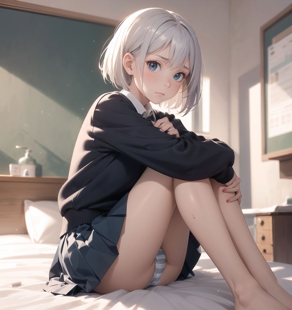 silver hair, a stylish short haircut, delicate hair flow,

cute schoolgirl, school uniform, skirt: 1.2, (striped panties stain: 1.3), spread-legged, (sitting on a bed with knees up:1.4), averting gaze, (skirt flip: 1.2), classroom, crotch close-up,

(she is confused and doesn't know what to do, and flushed, and she has a troubled expression on her face:1.5), 
slightly moist eyes, 

She looks into the camera, making eye contact and embodying a childlike curiosity.

Cowboy shot,
soft and natural posture, youthful and graceful shot,


flirty eyes, the ideal fusion of innocence and charm,
embodying the popular kawaii girl,
elements of lolita fashion, fresh and pure pose, exuding natural charm,


emphasizing her cuteness from a low angle, and bringing out the delicate texture of her hair and clothes,
the soft shadows cast by the natural light bring out the contours of her youthful face,


making her stand out clearly,
and the shallow depth of field of the 50mm f/1.2 lens creates a beautiful bokeh effect with her face in focus,
high resolution, detailed graphics,
vibrant colors, professional quality,


ultra-high resolution, capturing every detail from individual strands of hair to the intricate weave of the costume,
vivid colors come alive with professional-quality clarity and contrast,


(EasyNegativeV2: -1.5), (Worst Quality, Low Quality: -1.2),
(Mole: -1.1), (Skin Spot: -1.2), (Freckle: -1.3)
(Poor Hand: -1.2), (Negative Hand: -1.1),