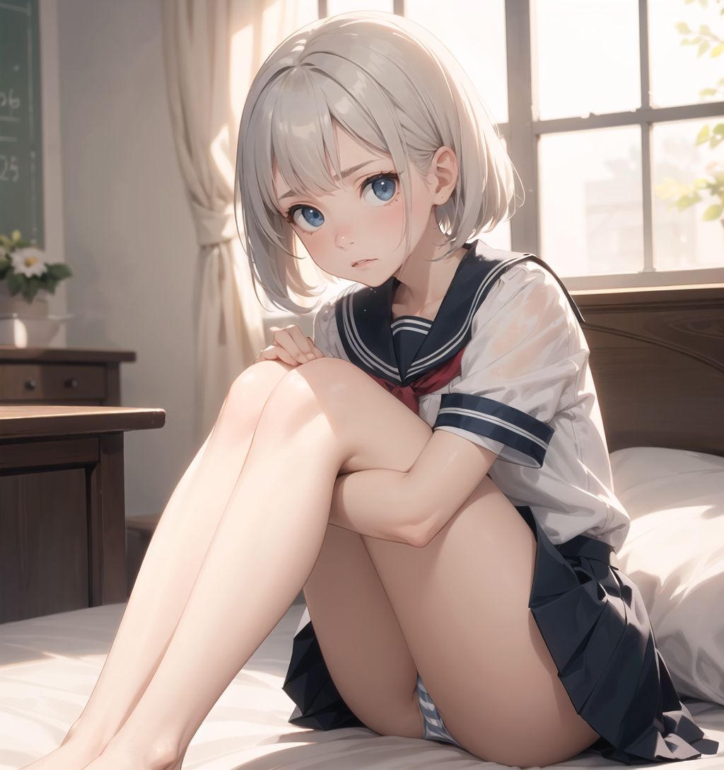 silver hair, a stylish short haircut, delicate hair flow,

cute schoolgirl, school uniform, skirt: 1.2, (striped panties stain: 1.3), spread-legged, (sitting on a bed with knees up:1.4), averting gaze, (skirt flip: 1.2), classroom, crotch close-up,

(she is confused and doesn't know what to do, and flushed, and she has a troubled expression on her face:1.5), 
slightly moist eyes, 

She looks into the camera, making eye contact and embodying a childlike curiosity.

Cowboy shot,
soft and natural posture, youthful and graceful shot,


flirty eyes, the ideal fusion of innocence and charm,
embodying the popular kawaii girl,
elements of lolita fashion, fresh and pure pose, exuding natural charm,


emphasizing her cuteness from a low angle, and bringing out the delicate texture of her hair and clothes,
the soft shadows cast by the natural light bring out the contours of her youthful face,


making her stand out clearly,
and the shallow depth of field of the 50mm f/1.2 lens creates a beautiful bokeh effect with her face in focus,
high resolution, detailed graphics,
vibrant colors, professional quality,


ultra-high resolution, capturing every detail from individual strands of hair to the intricate weave of the costume,
vivid colors come alive with professional-quality clarity and contrast,


(EasyNegativeV2: -1.5), (Worst Quality, Low Quality: -1.2),
(Mole: -1.1), (Skin Spot: -1.2), (Freckle: -1.3)
(Poor Hand: -1.2), (Negative Hand: -1.1),