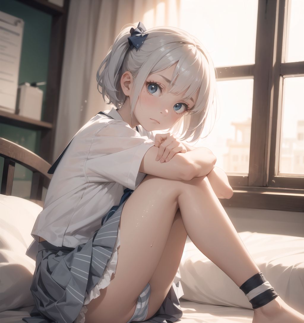 silver hair, a stylish short haircut, delicate hair flow,

cute schoolgirl, school uniform, skirt: 1.2, (striped panties stain: 1.3), spread-legged, (sitting on a bed with knees up:1.4), averting gaze, (skirt flip: 1.2), classroom, crotch close-up,

(she is confused and doesn't know what to do, and flushed, and she has a troubled expression on her face:1.5), 
slightly moist eyes, 

She looks into the camera, making eye contact and embodying a childlike curiosity.

Cowboy shot,
soft and natural posture, youthful and graceful shot,


flirty eyes, the ideal fusion of innocence and charm,
embodying the popular kawaii girl,
elements of lolita fashion, fresh and pure pose, exuding natural charm,


emphasizing her cuteness from a low angle, and bringing out the delicate texture of her hair and clothes,
the soft shadows cast by the natural light bring out the contours of her youthful face,


making her stand out clearly,
and the shallow depth of field of the 50mm f/1.2 lens creates a beautiful bokeh effect with her face in focus,
high resolution, detailed graphics,
vibrant colors, professional quality,


ultra-high resolution, capturing every detail from individual strands of hair to the intricate weave of the costume,
vivid colors come alive with professional-quality clarity and contrast,


(EasyNegativeV2: -1.5), (Worst Quality, Low Quality: -1.2),
(Mole: -1.1), (Skin Spot: -1.2), (Freckle: -1.3)
(Poor Hand: -1.2), (Negative Hand: -1.1),