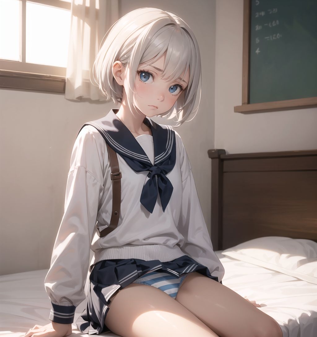 silver hair, a stylish short haircut, delicate hair flow,

cute schoolgirl, school uniform, skirt: 1.2, (striped panties stain: 1.3), spread-legged, (sitting on a bed with knees up:1.4), averting gaze, (skirt flip: 1.2), classroom, crotch close-up,

(she is confused and doesn't know what to do, and flushed, and she has a troubled expression on her face:1.5), 
slightly moist eyes, 

She looks into the camera, making eye contact and embodying a childlike curiosity.

Cowboy shot,
soft and natural posture, youthful and graceful shot,


flirty eyes, the ideal fusion of innocence and charm,
embodying the popular kawaii girl,
elements of lolita fashion, fresh and pure pose, exuding natural charm,


emphasizing her cuteness from a low angle, and bringing out the delicate texture of her hair and clothes,
the soft shadows cast by the natural light bring out the contours of her youthful face,


making her stand out clearly,
and the shallow depth of field of the 50mm f/1.2 lens creates a beautiful bokeh effect with her face in focus,
high resolution, detailed graphics,
vibrant colors, professional quality,


ultra-high resolution, capturing every detail from individual strands of hair to the intricate weave of the costume,
vivid colors come alive with professional-quality clarity and contrast,


(EasyNegativeV2: -1.5), (Worst Quality, Low Quality: -1.2),
(Mole: -1.1), (Skin Spot: -1.2), (Freckle: -1.3)
(Poor Hand: -1.2), (Negative Hand: -1.1),