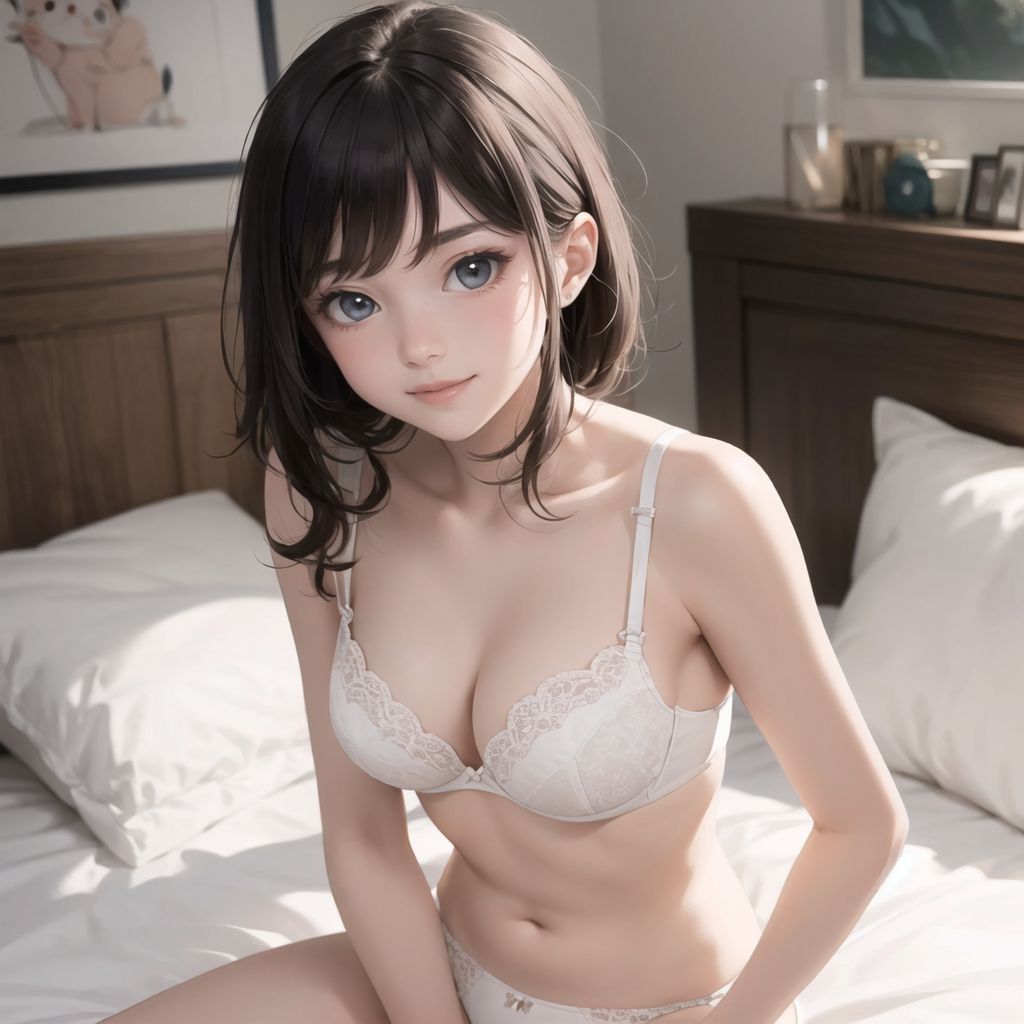 Illustration of a cute girl wearing a cute white bra and white panties with a heart pattern. The characters are in a cute bedroom in the middle of the night,She has a kind smile and looks relaxed while taking an elegant pose.She is sitting on the bed.The whole body is sitting on a cute bed. The background is decorated with cute interiors and cute decorations. perfect anatomy, 4k, masterpiece, best quality,