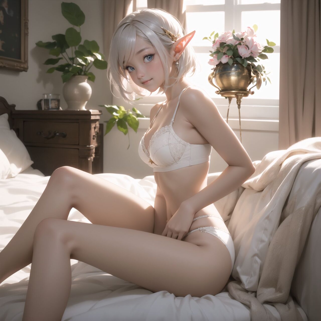 (Illustration of a cute girl wearing a cute white bra and white panties with a heart pattern. The characters are in a cute bedroom in the middle of the night,She has a kind smile and looks relaxed while taking an elegant pose.She is sitting on the bed.The whole body is sitting on a cute bed. The background is decorated with cute interiors and cute decorations. perfect anatomy, 4k, masterpiece, best quality1.6), 


A charming 16-year-old elf girl with long, pointed ears, displaying an innocent and youthful expression,

She has a gentle smile and soft blushing cheeks, with a shy personality and attitude,

Her face is incredibly kawaii like an idol, with her mouth lightly closed, smiling with the corners of her mouth turned up, and full pouty lips,

(Her dark deep green eyes complement her stylish short silver hair with a delicate flow, adorned with a silver hairpiece:1.1),


Her cheeks have a warm blush, and she has small golden buttons down the front of the bodice,


Soft, ambient lighting accentuates the outfit?s details, creating a harmonious blend of traditional fantasy with modern stylistic choices, embodying a timeless yet contemporary elf,

She can be depicted in various poses and settings, making eye contact or looking away, embodying childlike wonder or graceful elegance,

The low angle accentuates her kawaii nature, highlighting the delicate textures of her hair and clothing, with natural light casting soft shadows and accentuating the youthful contours of her face,

She is brought into sharp focus with a shallow depth of field from a 50mm f/1.2 lens, providing beautiful depth-of-field blur with her face in focus,

High-resolution, detailed graphics capture every detail, from individual strands of hair to the intricate fabrics of her costume, with professional-grade clarity and contrast bringing vibrant colors to life,