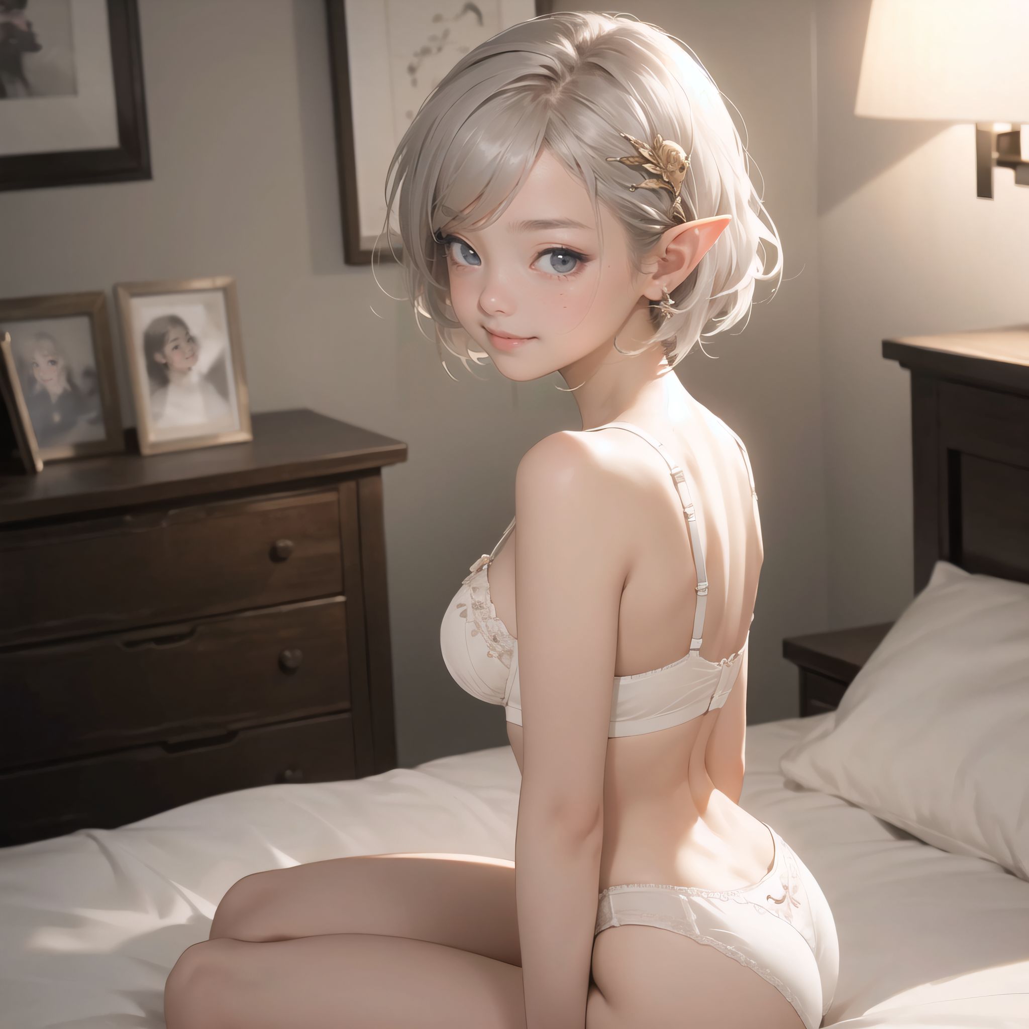 (Illustration of a cute girl wearing a cute white bra and white panties with a heart pattern. The characters are in a cute bedroom in the middle of the night,She has a kind smile and looks relaxed while taking an elegant pose.She is sitting on the bed.The whole body is sitting on a cute bed. The background is decorated with cute interiors and cute decorations. perfect anatomy, 4k, masterpiece, best quality1.6), 


A charming 16-year-old elf girl with long, pointed ears, displaying an innocent and youthful expression,

She has a gentle smile and soft blushing cheeks, with a shy personality and attitude,

Her face is incredibly kawaii like an idol, with her mouth lightly closed, smiling with the corners of her mouth turned up, and full pouty lips,

(Her dark deep green eyes complement her stylish short silver hair with a delicate flow, adorned with a silver hairpiece:1.1),


Her cheeks have a warm blush, and she has small golden buttons down the front of the bodice,


She can be depicted in various poses and settings, making eye contact or looking away, embodying childlike wonder or graceful elegance,

The low angle accentuates her kawaii nature, highlighting the delicate textures of her hair and clothing, with natural light casting soft shadows and accentuating the youthful contours of her face,

She is brought into sharp focus with a shallow depth of field from a 50mm f/1.2 lens, providing beautiful depth-of-field blur with her face in focus,

High-resolution, detailed graphics capture every detail, from individual strands of hair to the intricate fabrics of her costume, with professional-grade clarity and contrast bringing vibrant colors to life,