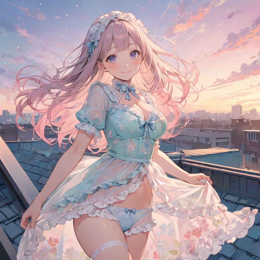 (best quality, high resolution), (delicate illustration), (pastel color style illustration: 0.9), (watercolor style illustration: 0.4), (beautiful: 1.3), 4k,

(soft pastel tones: 1.2), bright colors, one girl (Lolita: 1.4), large breasts, see-through uniform, floral pattern, short sleeves, see-through, see-through style, see-through silhouette, overly decorated bra , overly decorated panties, long hair, walking, looking back, looking up, slight smile, happiness, school building, rooftop, evening, lifted by the wind, ray of light, particle light, blur, rim lighting, directly above, dynamic angle,