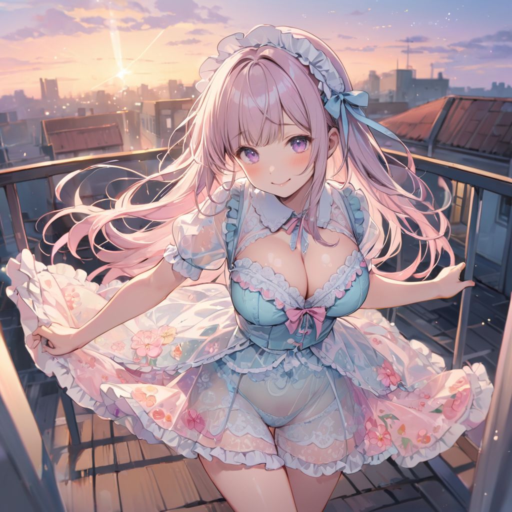 (best quality, high resolution), (delicate illustration), (pastel color style illustration: 0.9), (watercolor style illustration: 0.4), (beautiful: 1.3), 4k,

(soft pastel tones: 1.2), bright colors, one girl (Lolita: 1.4), large breasts, Lacefabric see-through uniform, floral pattern, short sleeves, see-through, see-through style, see-through silhouette, overly decorated bra , overly decorated panties, long hair, walking, looking back, looking up, slight smile, happiness, school building, rooftop, evening, lifted by the wind, ray of light, particle light, blur, rim lighting, directly above, dynamic angle,