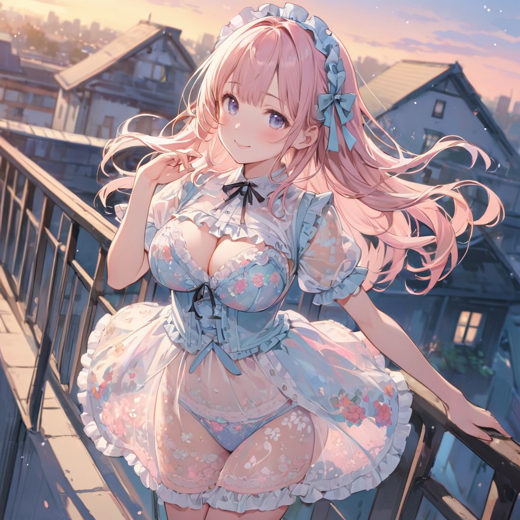 (best quality, high resolution), (delicate illustration), (pastel color style illustration: 0.9), (watercolor style illustration: 0.4), (beautiful: 1.3), 4k,

(soft pastel tones: 1.2), bright colors, one girl (Lolita: 1.4), large breasts, gauze see-through uniform, floral pattern, short sleeves, see-through, see-through style, see-through silhouette, overly decorated bra , overly decorated panties, long hair, walking, looking back, looking up, slight smile, happiness, school building, rooftop, evening, lifted by the wind, ray of light, particle light, blur, rim lighting, directly above, dynamic angle,