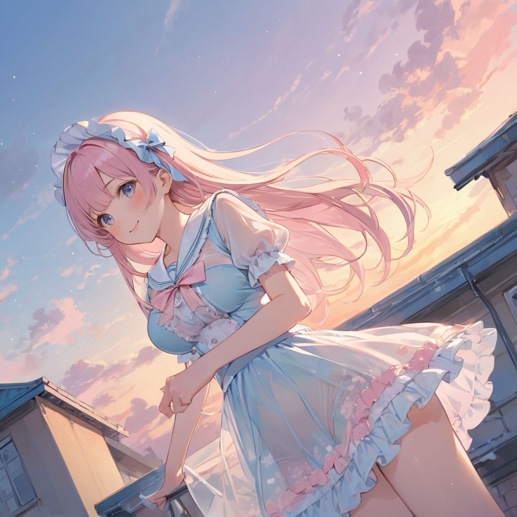 (best quality, high resolution), (delicate illustration), (pastel color style illustration: 0.9), (watercolor style illustration: 0.4), (beautiful: 1.3), 4k,

(soft pastel tones: 1.2), bright colors, one girl (Lolita: 1.4), large breasts, see-through chiffon sailor-style uniform, short sleeves, see-through, see-through style, see-through silhouette, overly decorated bra, overly decorated panties, long hair, walking, looking back, looking up, slight smile, happiness, school building, rooftop, evening, lifted by the wind, ray of light, particle light, blur, rim lighting, directly above, dynamic angle,