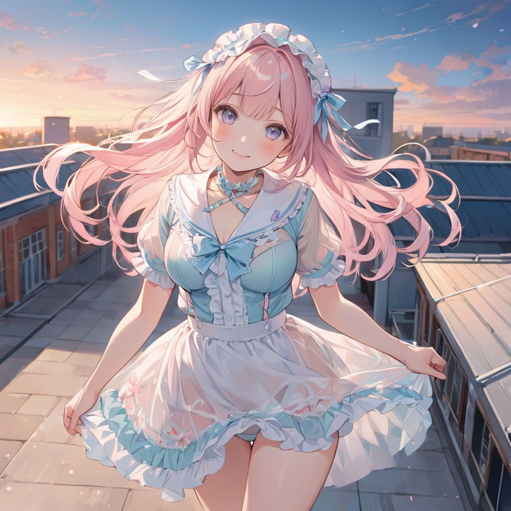 (best quality, high resolution), (delicate illustration), (pastel color style illustration: 0.9), (watercolor style illustration: 0.4), (beautiful: 1.3), 4k,

(soft pastel tones: 1.2), bright colors, one girl (Lolita: 1.4), large breasts, see-through gauze sailor-style uniform, short sleeves, see-through, see-through style, see-through silhouette, overly decorated bra, overly decorated panties, long hair, walking, looking back, looking up, slight smile, happiness, school building, rooftop, evening, lifted by the wind, ray of light, particle light, blur, rim lighting, directly above, dynamic angle,