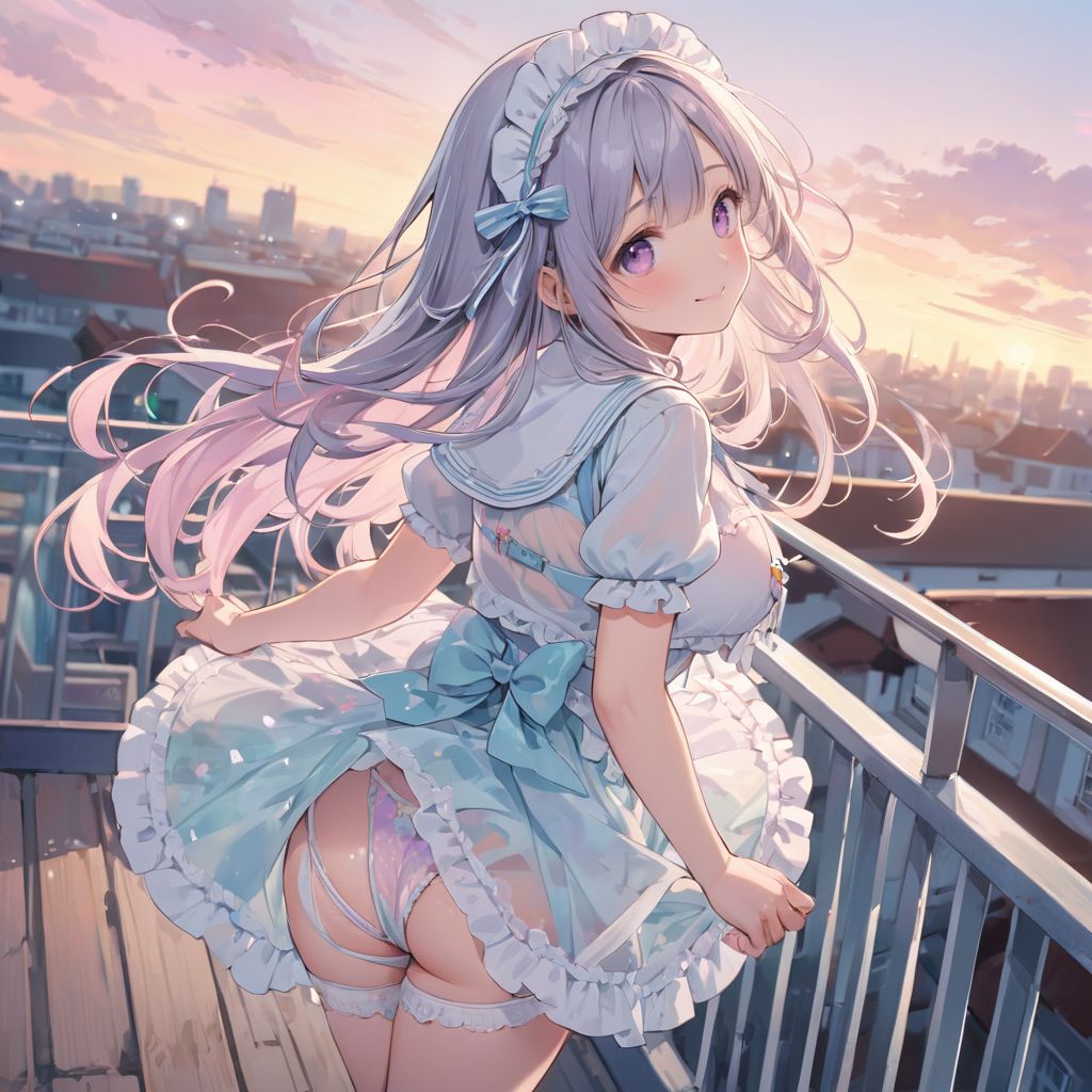 (best quality, high resolution), (delicate illustration), (pastel color style illustration: 0.9), (watercolor style illustration: 0.4), (beautiful: 1.3), 4k,

(soft pastel tones: 1.2), bright colors, one girl (Lolita: 1.4), large breasts, see-through gauze sailor-style uniform, short sleeves, see-through, see-through style, see-through silhouette, overly decorated bra, overly decorated panties, long hair, walking, looking back, looking up, slight smile, happiness, school building, rooftop, evening, lifted by the wind, ray of light, particle light, blur, rim lighting, directly above, dynamic angle,