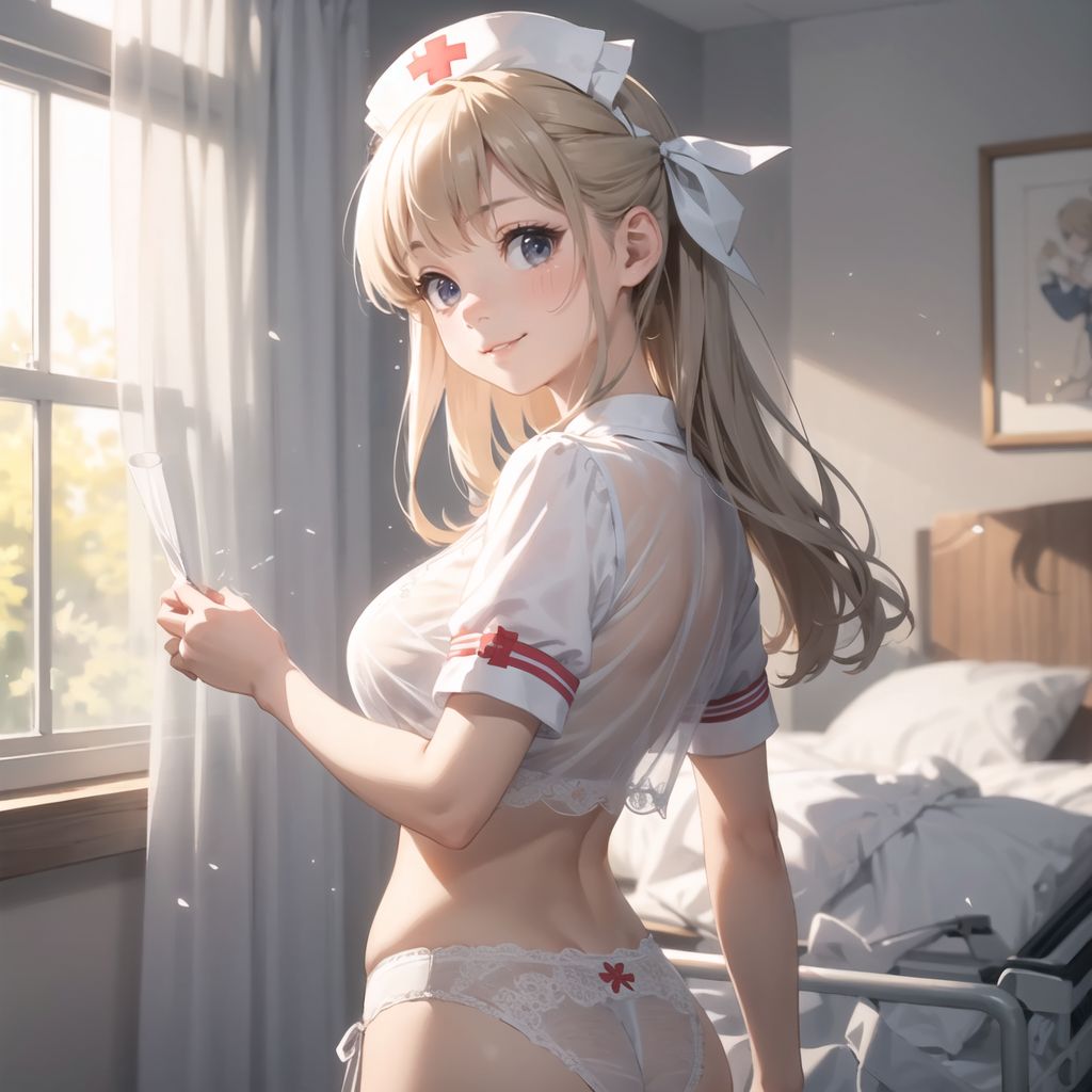 (best quality, high resolution), (delicate illustration), (pastel color style illustration: 0.9), (watercolor style illustration: 0.4), (beautiful: 1.3), 4k,

(soft pastel tones: 1.2), bright colors, one girl (Lolita: 1.4), large breasts, see-through nurse's uniform, short sleeves, see-through, see-through style, see-through silhouette, overly decorated bra, overly decorated panties, long hair, walking, looking back, looking up, slight smile, happiness, hospital room, indoors, evening, lifted by the wind, ray of light, particle light, blur, rim lighting, directly above, dynamic angle,