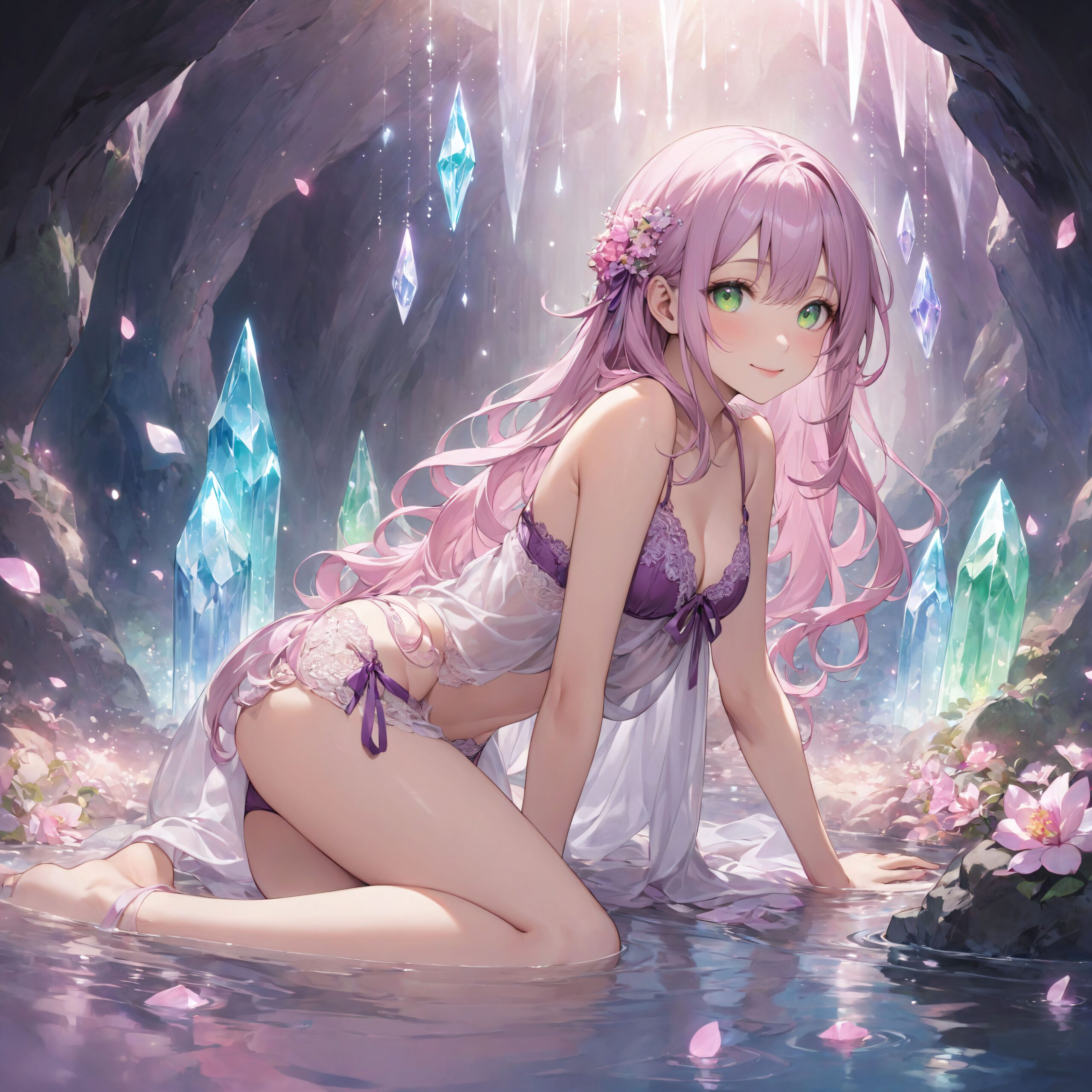 "a Innocent pure and charming 16-year-old girl, 
youthful expression, gentle smile, shy demeanour,

Idol smile with a combination of innocence and a hint of sex appeal.

eyes shining with purity, delicate flow of hair, Facing the camera, making eye contact, Soft, natural posture, youthful, graceful shot, "

(Inside a crystal cave illuminated by glowing minerals),
(Deep violet with neon green highlights loose waves),

A stunning pink silk push-up bra, designed to provide both lift and elegance, with intricate floral lace delicately adorning the cups. The lace flows along the curves of the bra, creating a soft and feminine silhouette. The delicate petals and leaves of the lace pattern mimic the gentle movement of flowers in the wind, adding an ethereal touch to the design. ethereal touch to the design. Paired with matching pink silk bikini panties, the sides of the panties feature the same floral lace, gracefully extending from the waist to the hips, emphasizing the natural curves. A small silk ribbon is tied at the waist, adding a charming accent that complements the overall look. Completing the set is a pink silk camisole, with matching lace trim along the neckline and hem. The camisole drapes softly over the body, with the smooth silk enhancing the feminine silhouette. The soft pink tones and intricate lace details create a cohesive, romantic look, perfect for unwinding after a long day or enjoying a special, intimate evening.?



The inside of the cave is dimly lit, and the floor is covered with crystals of all shapes and sizes. The minerals around you are dotted with sparkling lights, creating a fantastic scene that looks like a starry sky. The light is reflected off the crystals, and the whole cave is bathed in soft rainbow colors. There are thin beams of light streaming in from the ceiling, and when they hit the minerals, they create an even more fantastic atmosphere.
At the center of the cave is a large crystal pillar, and its beautiful, transparent form absorbs the light around it, giving off a mysterious aura. You can faintly hear the sound of quiet water, and the whole space feels like time has stopped... It's a mysterious space like that.