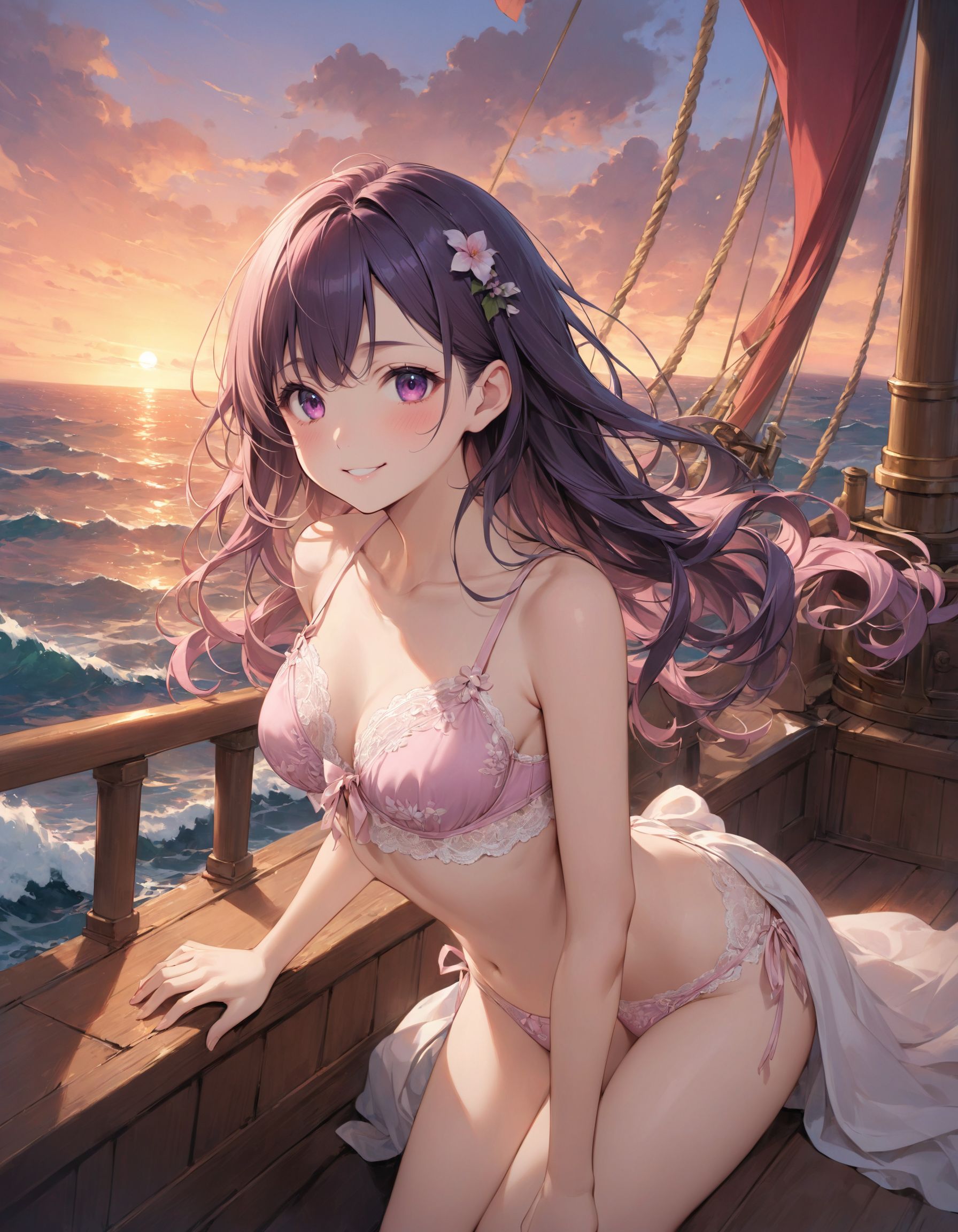 "a Innocent pure and charming 16-year-old girl, 
youthful expression, gentle smile, shy demeanour,

Idol smile with a combination of innocence and a hint of sex appeal.

eyes shining with purity, delicate flow of hair, Facing the camera, making eye contact, Soft, natural posture, youthful, graceful shot, "

(On a pirate ship deck in the middle of the ocean),
(Deep violet with neon green highlights loose waves),

A stunning pink silk push-up bra, designed to provide both lift and elegance, with intricate floral lace delicately adorning the cups. The lace flows along the curves of the bra, creating a soft and feminine silhouette. The delicate petals and leaves of the lace pattern mimic the gentle movement of flowers in the wind, adding an ethereal touch to the design. ethereal touch to the design. Paired with matching pink silk bikini panties, the sides of the panties feature the same floral lace, gracefully extending from the waist to the hips, emphasizing the natural curves. A small silk ribbon is tied at the waist, adding a charming accent that complements the overall look. Completing the set is a pink silk camisole, with matching lace trim along the neckline and hem. The camisole drapes softly over the body, with the smooth silk enhancing the feminine silhouette. The soft pink tones and intricate lace details create a cohesive, romantic look, perfect for unwinding after a long day or enjoying a special, intimate evening.?


In the middle of the vast ocean, the deck of the pirate ship is enveloped in a magnificent scene as the raging waves crash against the side of the ship. The deep blue sea and sky are one, and the wind is blowing strongly, causing the sails to flap violently. The large rudder of the pirate ship is firmly fixed in place, and the brave pirates on deck are busy giving orders.
Beyond the horizon, the appearance of unknown islands that no one has ever reached before is foreboding. The sky gradually turns red with the setting sun, and the golden light reflects beautifully on the deck, sails and waves. This scene is a moment that evokes a sense of quiet beauty even in the midst of a wild adventure. The voices of the pirates and the sound of the waves mingle together, and the deck is enveloped in a unique atmosphere of tension and excitement...