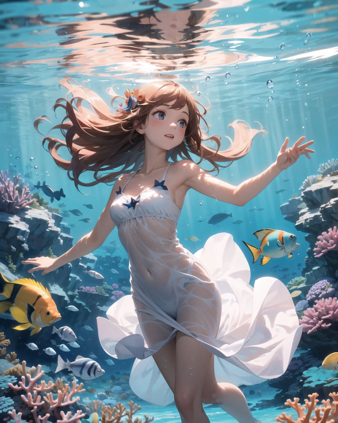 A serene underwater scene where a young girl swims gracefully among vibrant coral reefs and colorful tropical fish. She wears a light, flowing dress or a mermaid-like outfit that moves gently with the water?s current, giving her an ethereal appearance. Her hair, long and flowing, fans out around her in the water, illuminated by the beams of sunlight filtering down from the surface. The coral reefs below her are teeming with life, displaying shades of pink, purple, blue, and orange. Tropical fish, such as yellow angelfish, blue tangs, and clownfish, swim around her playfully, and some even seem to follow her movements as if she belongs to this magical underwater world.

The girl's expression is peaceful and joyful, her eyes wide with wonder as she reaches out towards the fish. Her skin glows softly in the filtered sunlight, and bubbles float up around her, adding a sense of tranquility to the scene. The ocean water around her is crystal clear, with rays of sunlight casting shimmering patterns across the sea floor. Coral sways gently in the background, while sea anemones move with the current. The atmosphere is dreamlike, as if the girl is exploring a secret, enchanted part of the ocean