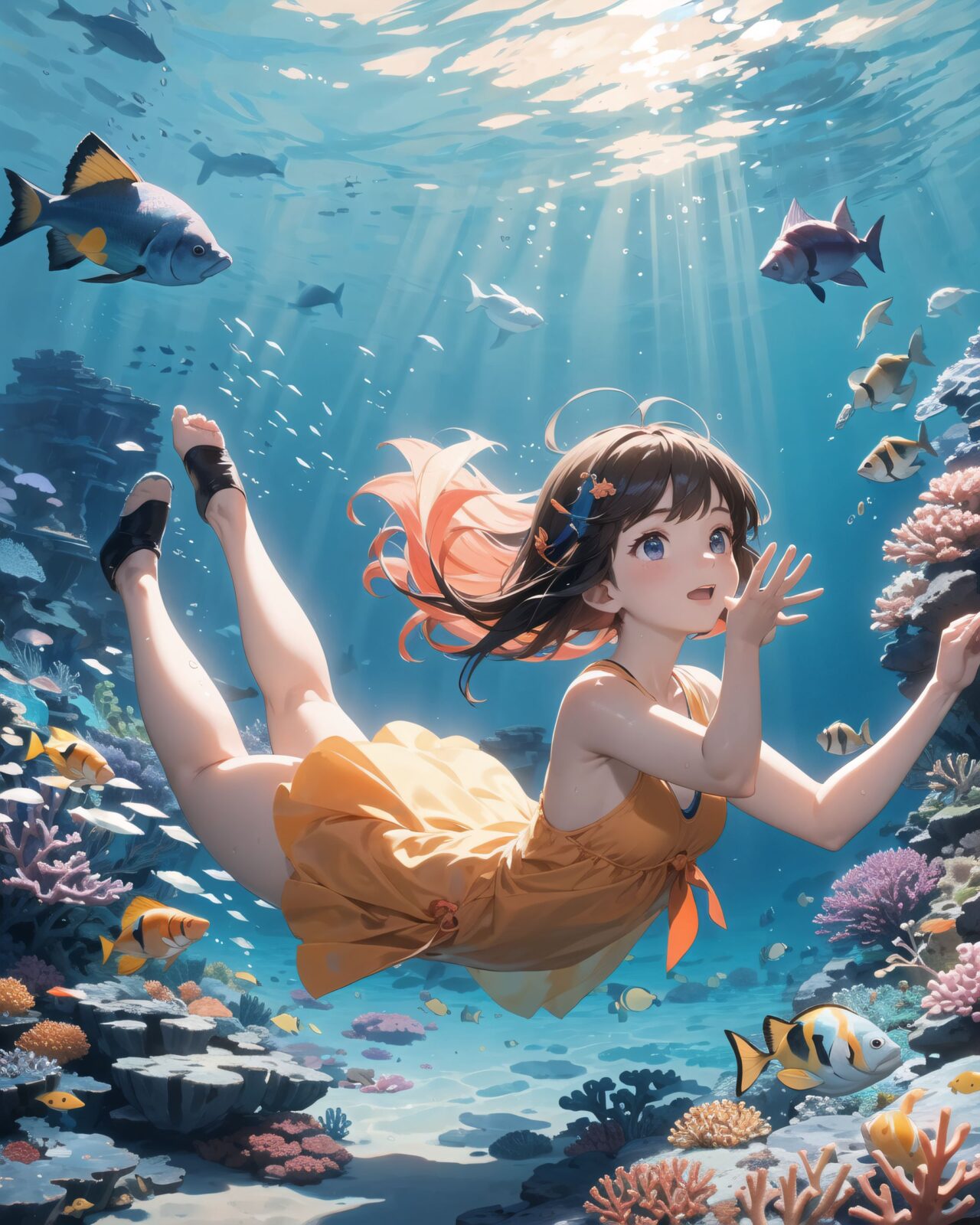 A serene underwater scene where a young girl swims gracefully among vibrant coral reefs and colorful tropical fish. She wears a light, flowing dress or a mermaid-like outfit that moves gently with the water?s current, giving her an ethereal appearance. Her hair, long and flowing, fans out around her in the water, illuminated by the beams of sunlight filtering down from the surface. The coral reefs below her are teeming with life, displaying shades of pink, purple, blue, and orange. Tropical fish, such as yellow angelfish, blue tangs, and clownfish, swim around her playfully, and some even seem to follow her movements as if she belongs to this magical underwater world.

The girl's expression is peaceful and joyful, her eyes wide with wonder as she reaches out towards the fish. Her skin glows softly in the filtered sunlight, and bubbles float up around her, adding a sense of tranquility to the scene. The ocean water around her is crystal clear, with rays of sunlight casting shimmering patterns across the sea floor. Coral sways gently in the background, while sea anemones move with the current. The atmosphere is dreamlike, as if the girl is exploring a secret, enchanted part of the ocean