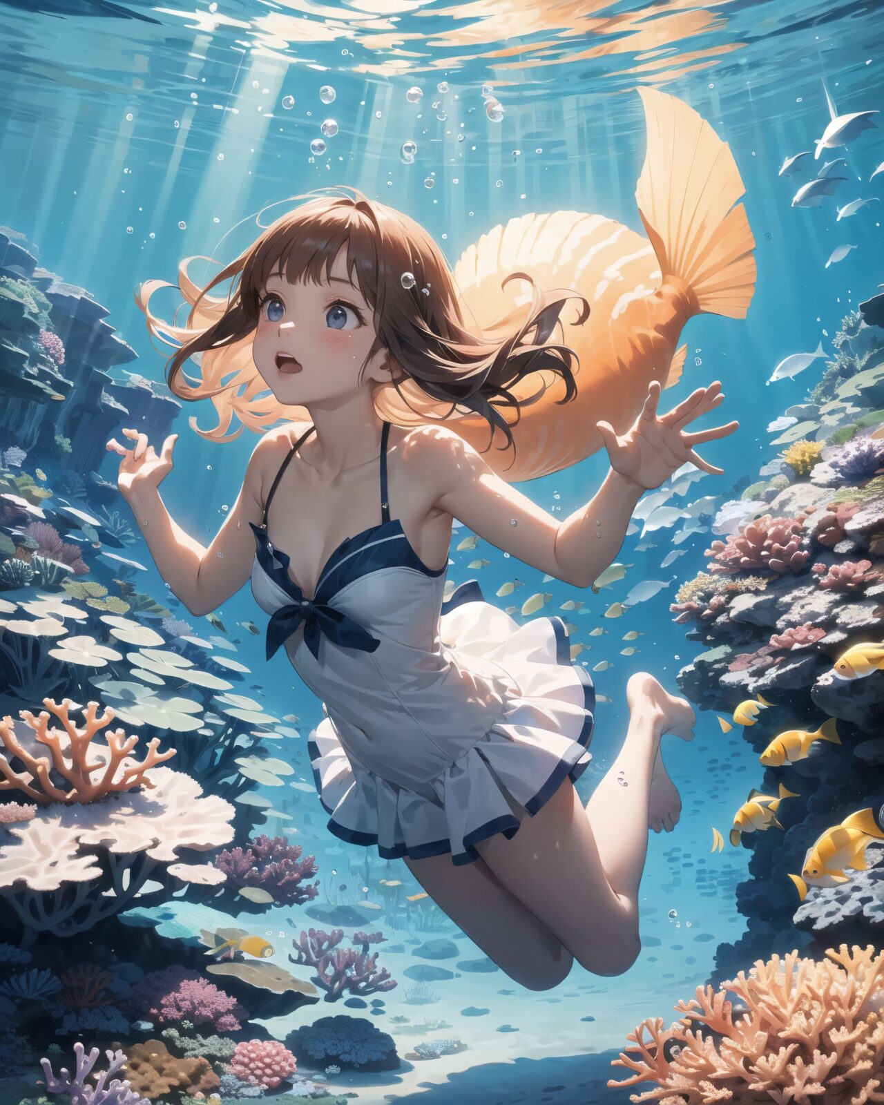 A serene underwater scene where a young girl swims gracefully among vibrant coral reefs and colorful tropical fish. She wears a light, flowing dress or a mermaid-like outfit that moves gently with the water?s current, giving her an ethereal appearance. Her hair, long and flowing, fans out around her in the water, illuminated by the beams of sunlight filtering down from the surface. The coral reefs below her are teeming with life, displaying shades of pink, purple, blue, and orange. Tropical fish, such as yellow angelfish, blue tangs, and clownfish, swim around her playfully, and some even seem to follow her movements as if she belongs to this magical underwater world.

The girl's expression is peaceful and joyful, her eyes wide with wonder as she reaches out towards the fish. Her skin glows softly in the filtered sunlight, and bubbles float up around her, adding a sense of tranquility to the scene. The ocean water around her is crystal clear, with rays of sunlight casting shimmering patterns across the sea floor. Coral sways gently in the background, while sea anemones move with the current. The atmosphere is dreamlike, as if the girl is exploring a secret, enchanted part of the ocean