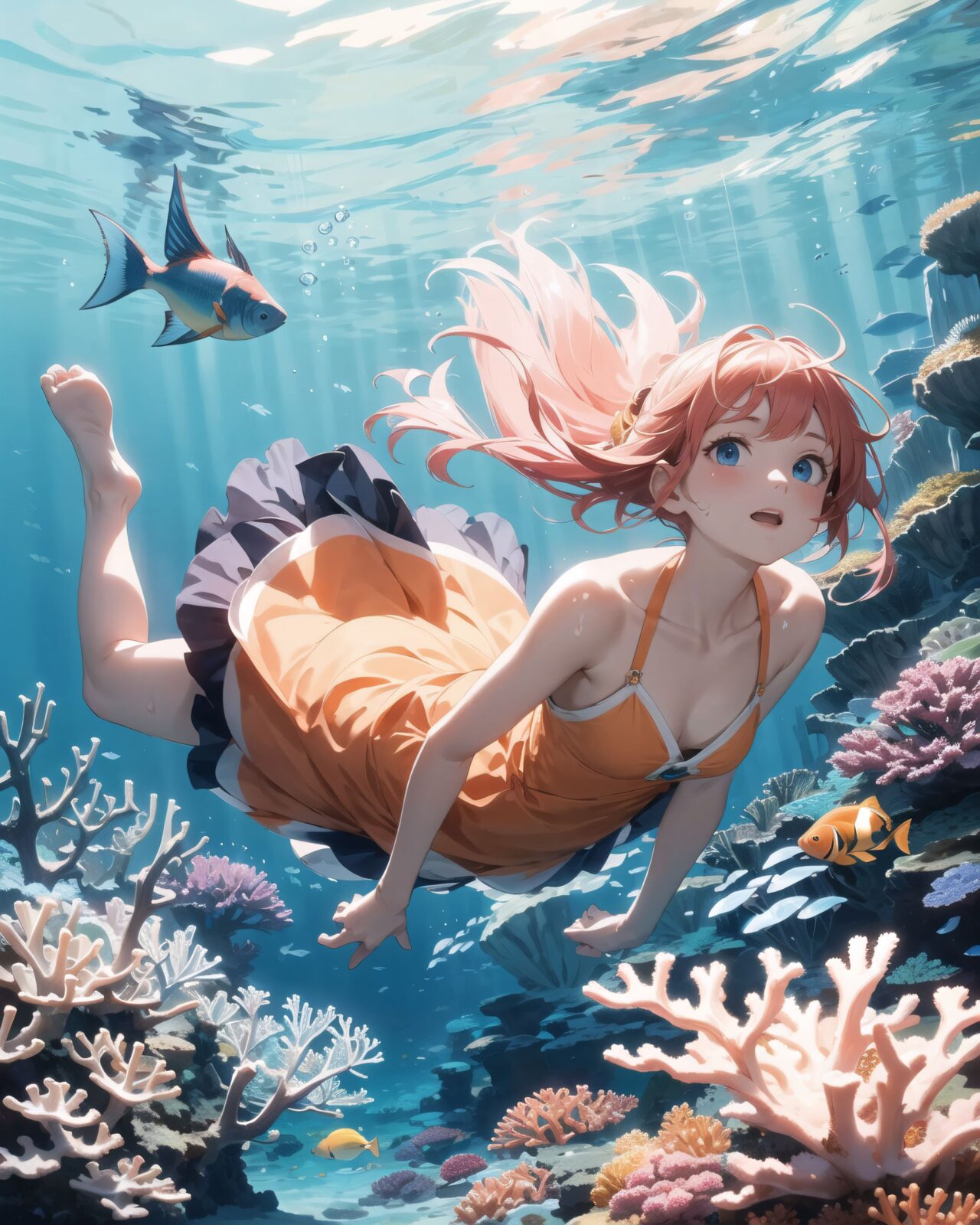 A serene underwater scene where a young girl swims gracefully among vibrant coral reefs and colorful tropical fish. She wears a light, flowing dress or a mermaid-like outfit that moves gently with the water?s current, giving her an ethereal appearance. Her hair, long and flowing, fans out around her in the water, illuminated by the beams of sunlight filtering down from the surface. The coral reefs below her are teeming with life, displaying shades of pink, purple, blue, and orange. Tropical fish, such as yellow angelfish, blue tangs, and clownfish, swim around her playfully, and some even seem to follow her movements as if she belongs to this magical underwater world.

The girl's expression is peaceful and joyful, her eyes wide with wonder as she reaches out towards the fish. Her skin glows softly in the filtered sunlight, and bubbles float up around her, adding a sense of tranquility to the scene. The ocean water around her is crystal clear, with rays of sunlight casting shimmering patterns across the sea floor. Coral sways gently in the background, while sea anemones move with the current. The atmosphere is dreamlike, as if the girl is exploring a secret, enchanted part of the ocean