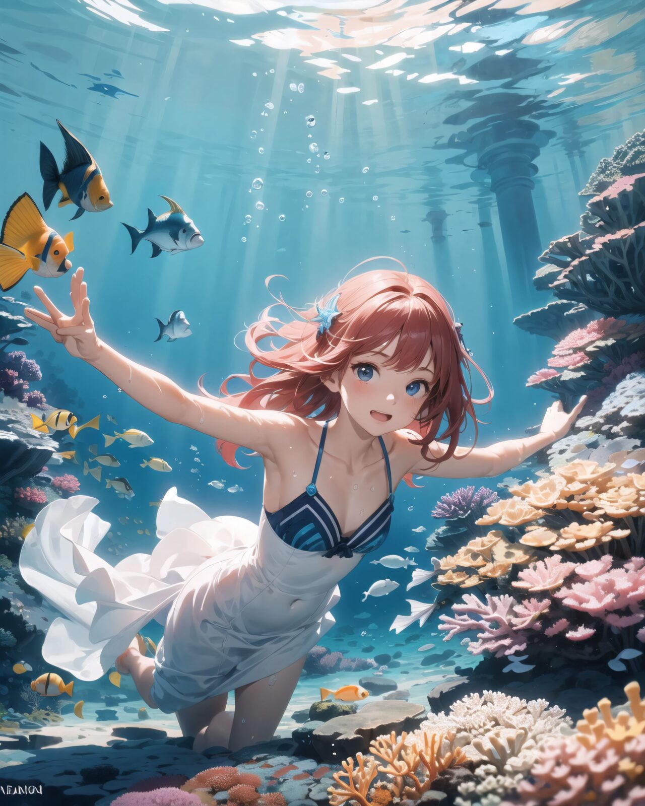 A serene underwater scene where a young girl swims gracefully among vibrant coral reefs and colorful tropical fish. She wears a light, flowing dress or a mermaid-like outfit that moves gently with the water?s current, giving her an ethereal appearance. Her hair, long and flowing, fans out around her in the water, illuminated by the beams of sunlight filtering down from the surface. The coral reefs below her are teeming with life, displaying shades of pink, purple, blue, and orange. Tropical fish, such as yellow angelfish, blue tangs, and clownfish, swim around her playfully, and some even seem to follow her movements as if she belongs to this magical underwater world.

The girl's expression is peaceful and joyful, her eyes wide with wonder as she reaches out towards the fish. Her skin glows softly in the filtered sunlight, and bubbles float up around her, adding a sense of tranquility to the scene. The ocean water around her is crystal clear, with rays of sunlight casting shimmering patterns across the sea floor. Coral sways gently in the background, while sea anemones move with the current. The atmosphere is dreamlike, as if the girl is exploring a secret, enchanted part of the ocean