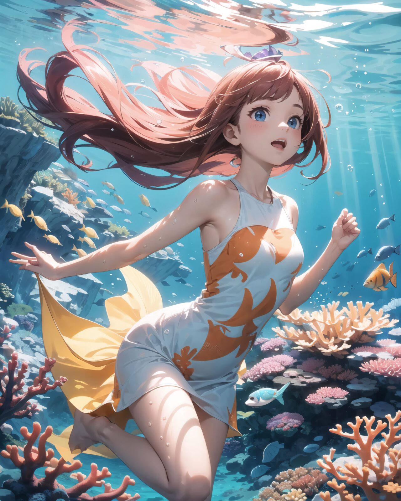 A serene underwater scene where a young girl swims gracefully among vibrant coral reefs and colorful tropical fish. She wears a light, flowing dress or a mermaid-like outfit that moves gently with the water?s current, giving her an ethereal appearance. Her hair, long and flowing, fans out around her in the water, illuminated by the beams of sunlight filtering down from the surface. The coral reefs below her are teeming with life, displaying shades of pink, purple, blue, and orange. Tropical fish, such as yellow angelfish, blue tangs, and clownfish, swim around her playfully, and some even seem to follow her movements as if she belongs to this magical underwater world.

The girl's expression is peaceful and joyful, her eyes wide with wonder as she reaches out towards the fish. Her skin glows softly in the filtered sunlight, and bubbles float up around her, adding a sense of tranquility to the scene. The ocean water around her is crystal clear, with rays of sunlight casting shimmering patterns across the sea floor. Coral sways gently in the background, while sea anemones move with the current. The atmosphere is dreamlike, as if the girl is exploring a secret, enchanted part of the ocean