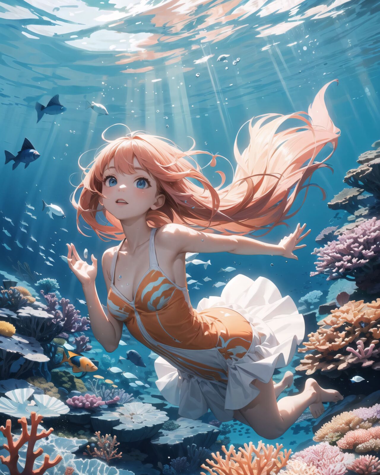 A serene underwater scene where a young girl swims gracefully among vibrant coral reefs and colorful tropical fish. She wears a light, flowing dress or a mermaid-like outfit that moves gently with the water?s current, giving her an ethereal appearance. Her hair, long and flowing, fans out around her in the water, illuminated by the beams of sunlight filtering down from the surface. The coral reefs below her are teeming with life, displaying shades of pink, purple, blue, and orange. Tropical fish, such as yellow angelfish, blue tangs, and clownfish, swim around her playfully, and some even seem to follow her movements as if she belongs to this magical underwater world.

The girl's expression is peaceful and joyful, her eyes wide with wonder as she reaches out towards the fish. Her skin glows softly in the filtered sunlight, and bubbles float up around her, adding a sense of tranquility to the scene. The ocean water around her is crystal clear, with rays of sunlight casting shimmering patterns across the sea floor. Coral sways gently in the background, while sea anemones move with the current. The atmosphere is dreamlike, as if the girl is exploring a secret, enchanted part of the ocean